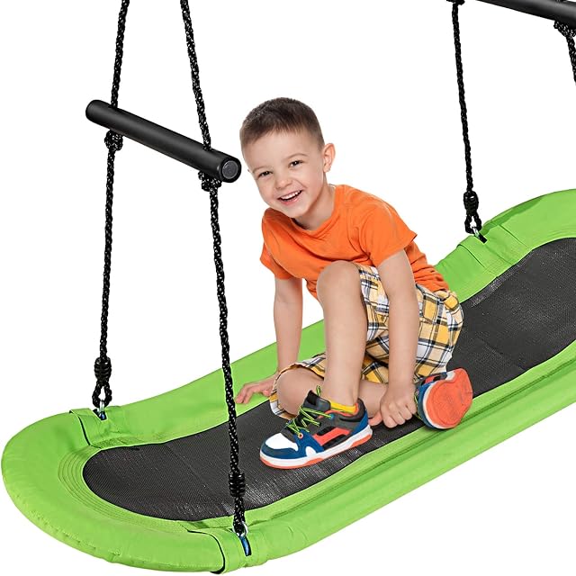 COSTWAY Kids Nest Swing, Hanging Platform Boat Surfing Tree Swings with Handles and Soft Padded Edge, Square Swing Seat for Garden Playground (Green)