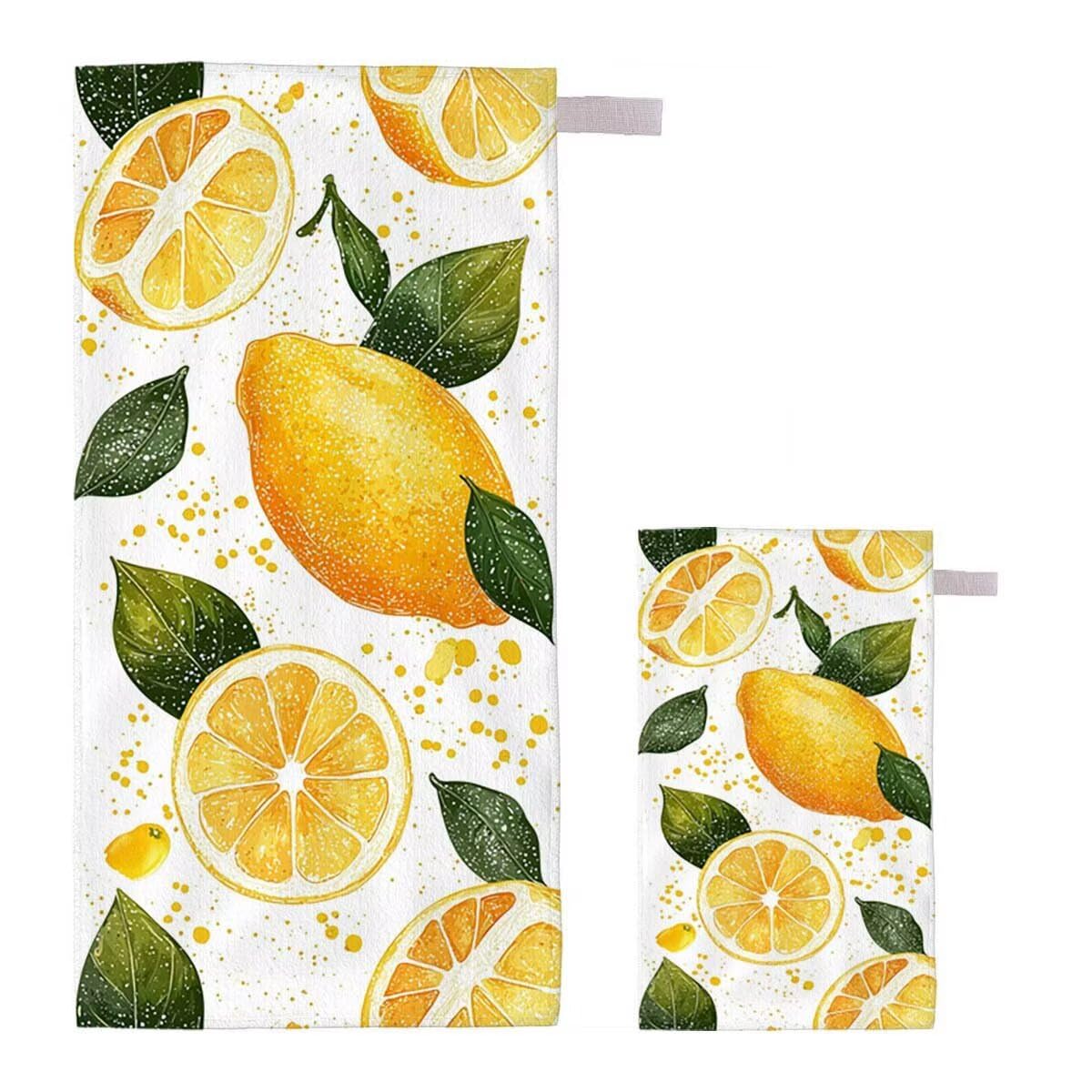 Serviette de Plage Citron Lot de 2 Serviette Microfibre Drap de Plage XXL 90x200cm/35x70cm, Séchage Rapide Anti Sable Drap de Bain, Vacances Plages Accessoire pour Voyages Camping Pique-nique A-59