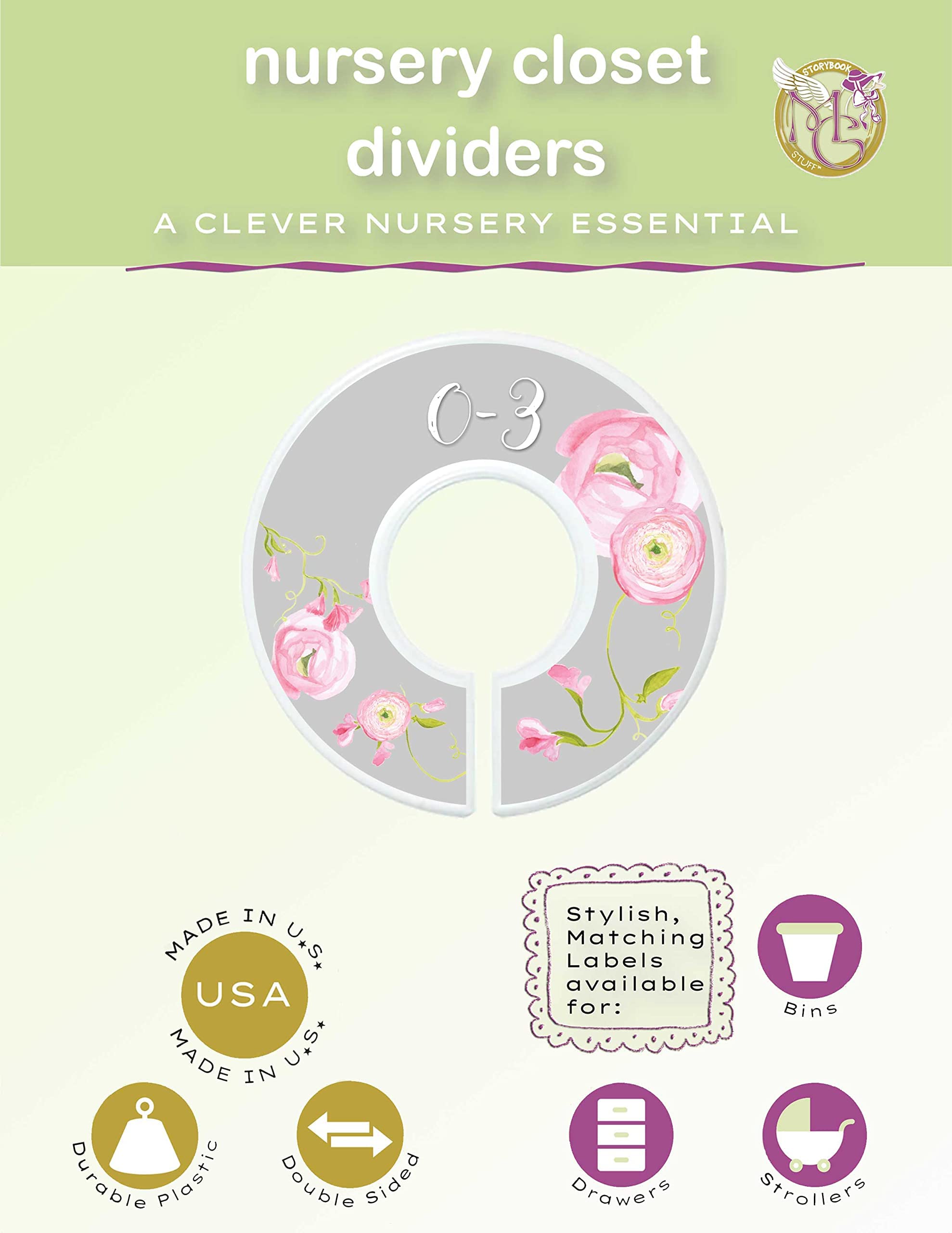 Divisores de armario de guardería, organizadores de armario, organizadores de ropa de bebé niña rosa gris floral (tamaño NB+0-24M (7 anillos))