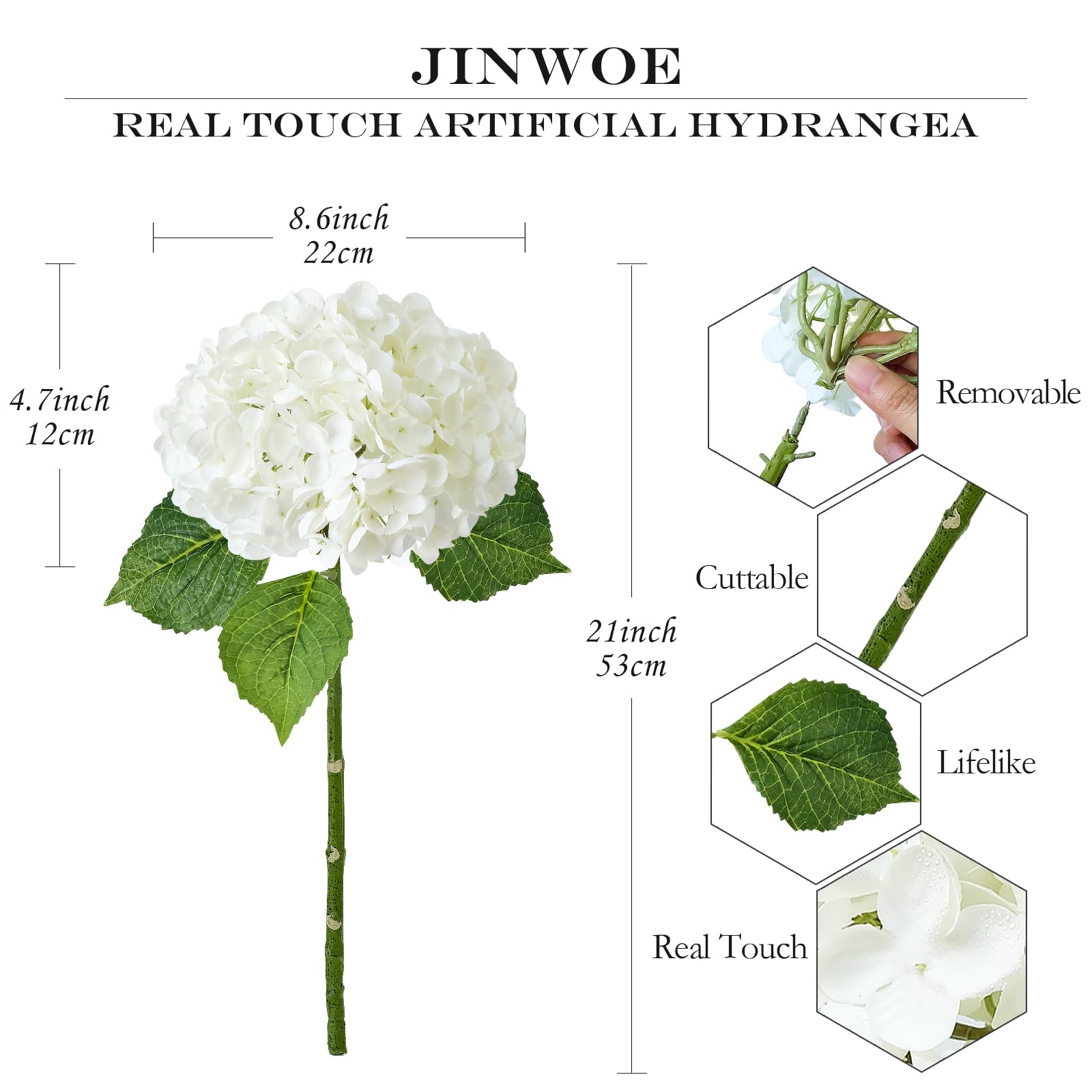 JINWOE Weiße Hortensien, künstliche Blumen, für den Außenbereich, groß, 53,3 cm, Royal Real Touch, Latex, Seide, Kunsthortensien, lebensechte Kunstblumen für Frühling, Hochzeit, Blumenstrauß,