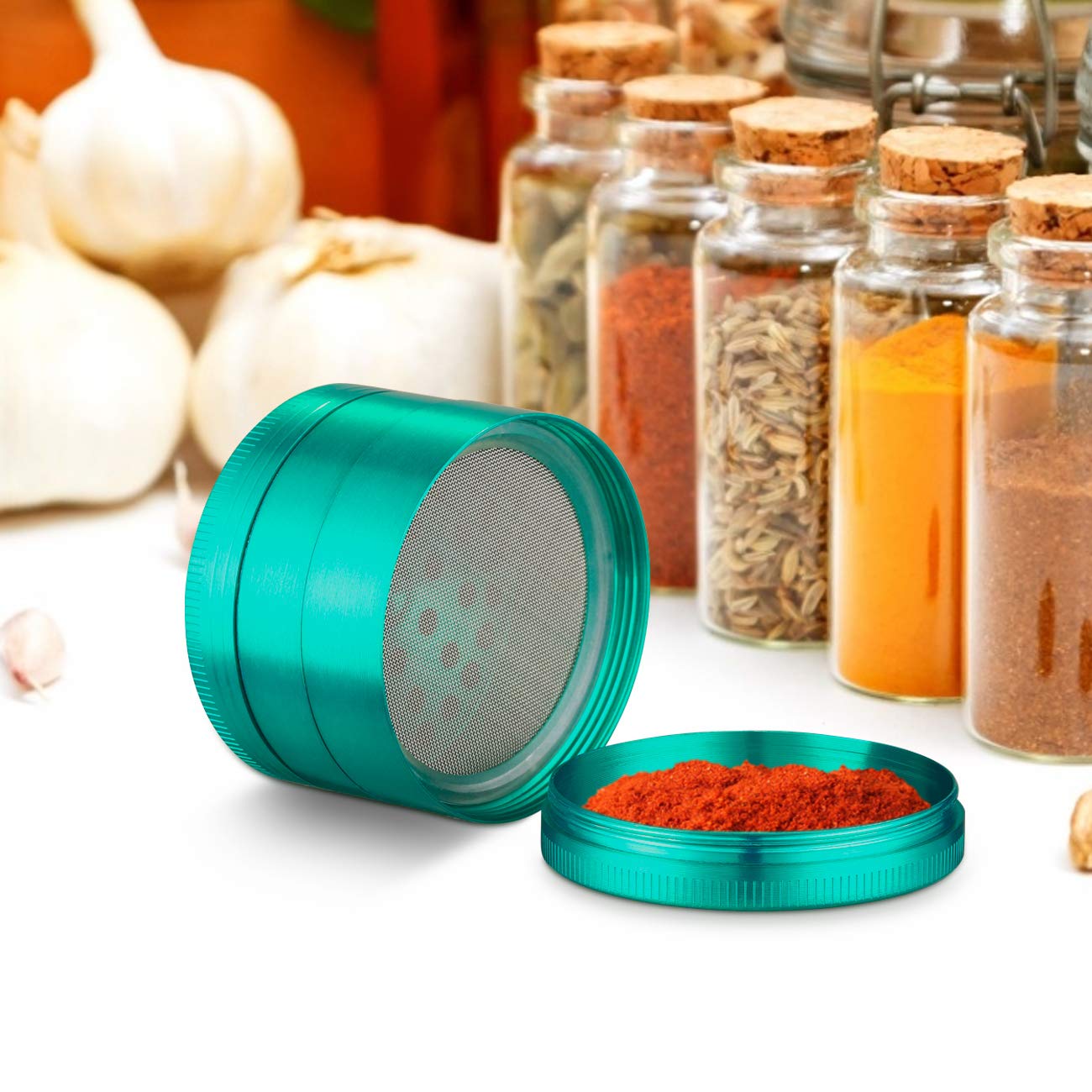 LIHAO Grinder Crusher 4-Teiliges Set Mühle Zinklegierung mit Pollen Scraper für Spice Kräuter Gewürze Herb (Mini 5 x 3,5 cm, Grün)