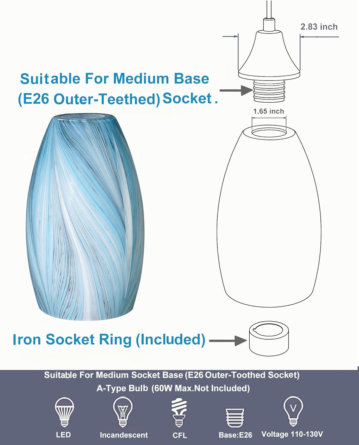 Oval Glass Pendant Lamp Shade Only Art Glass Light Covers for Kitchen Island Pendant Light Fixtures Replacement Shade for Mini Pendant Light (Light blue silk)