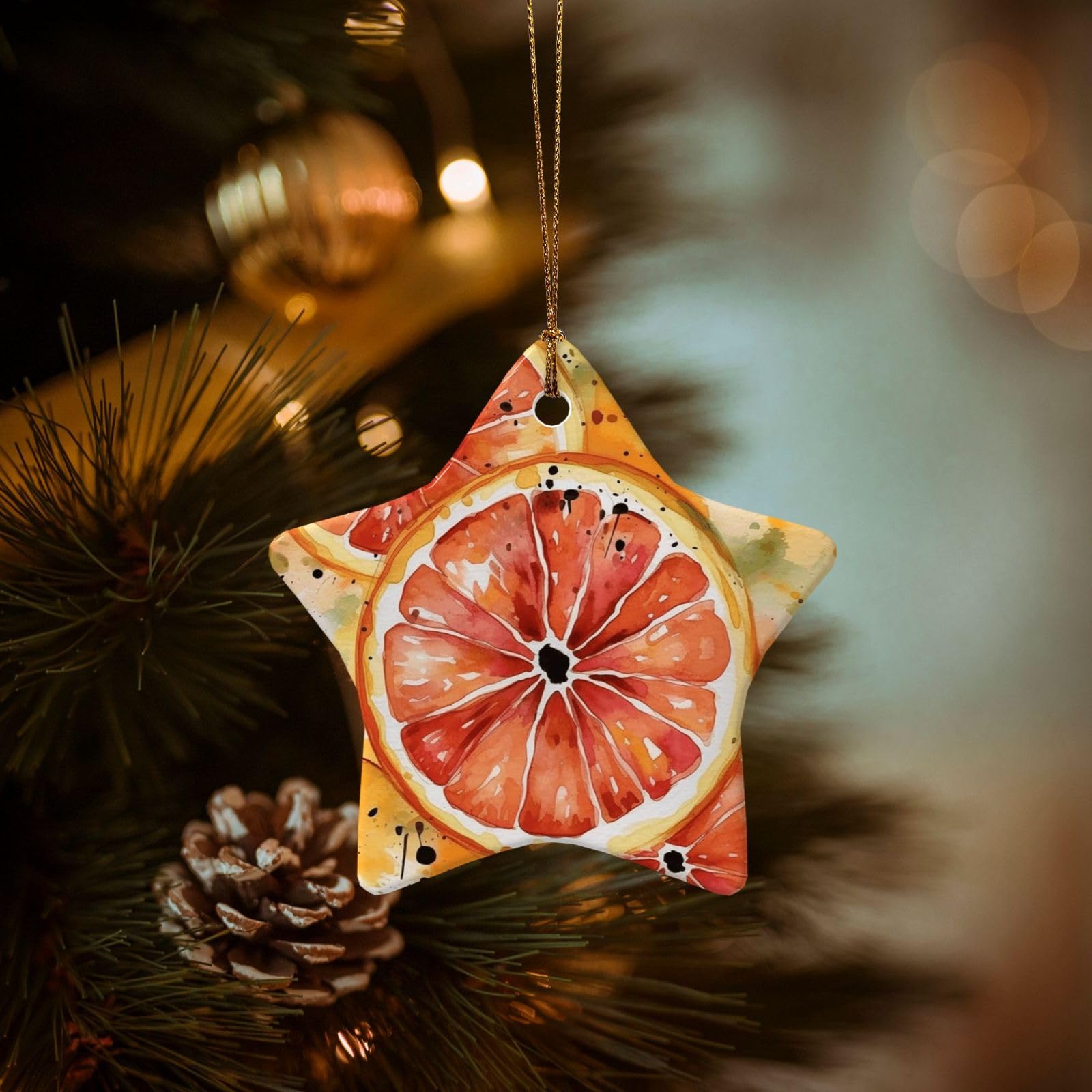 Christmas Tree Ornaments Ceramics Christmas Decorations Watercolor Orange Slice Ornaments with Gold Ribbon Porcelain Xmas Tree Crafts Star Shape Hanging Pendant for Christmas Tree Party Decor