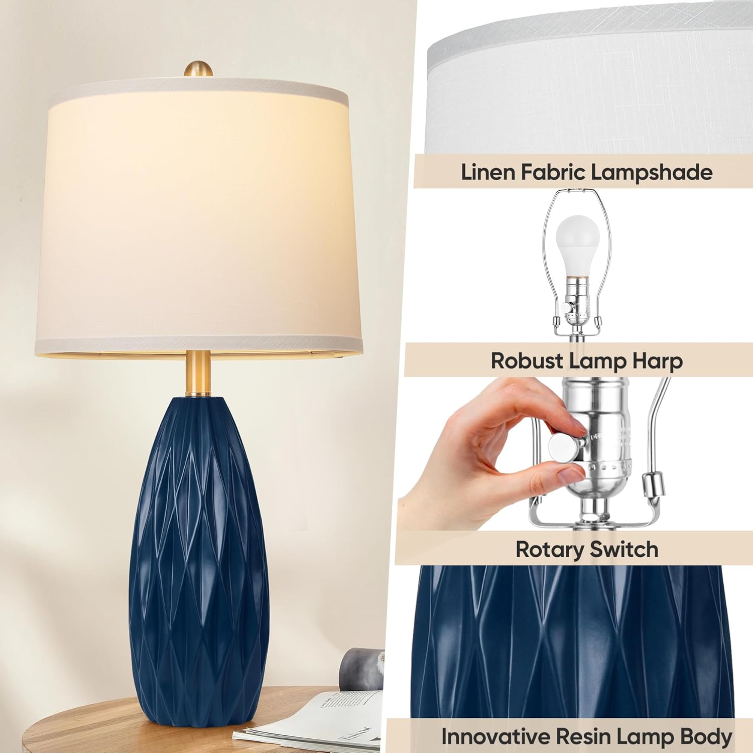 Modern Table Lamp for Living Room, Bedside Lamp Set of 2, Navy Blue Resin Table Lamp, Bedroom Lamp for Nightstand with Linen Shade, Diamond-Shaped Lamp Body,Desk Lamp for House Dorm(2 Bulbs Included)
