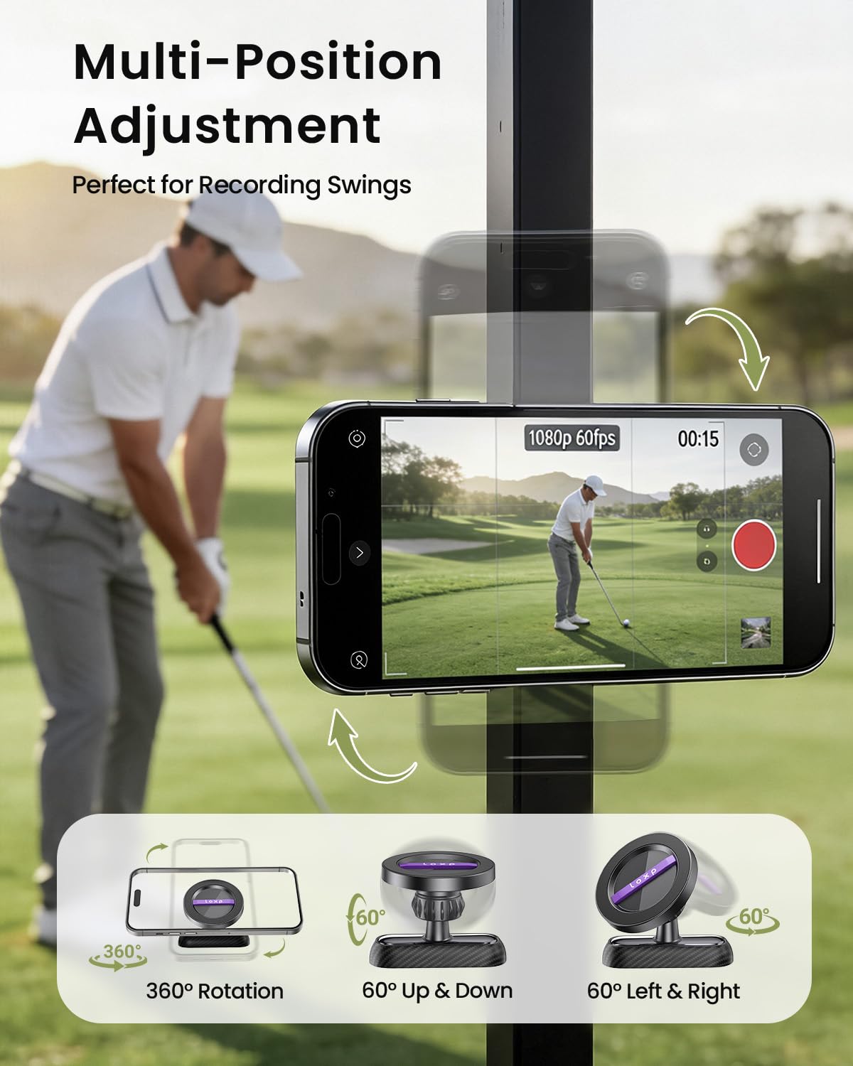 LOXP Upgraded Golf Cart Phone Holder, [Strong Magnetic] Golf Gifts for Men Him Golfers dad, 2026 Golf Cart Accessories Compatible with MagSafe iPhone 17-12 for Club Car, EZGO, Yamaha - 3