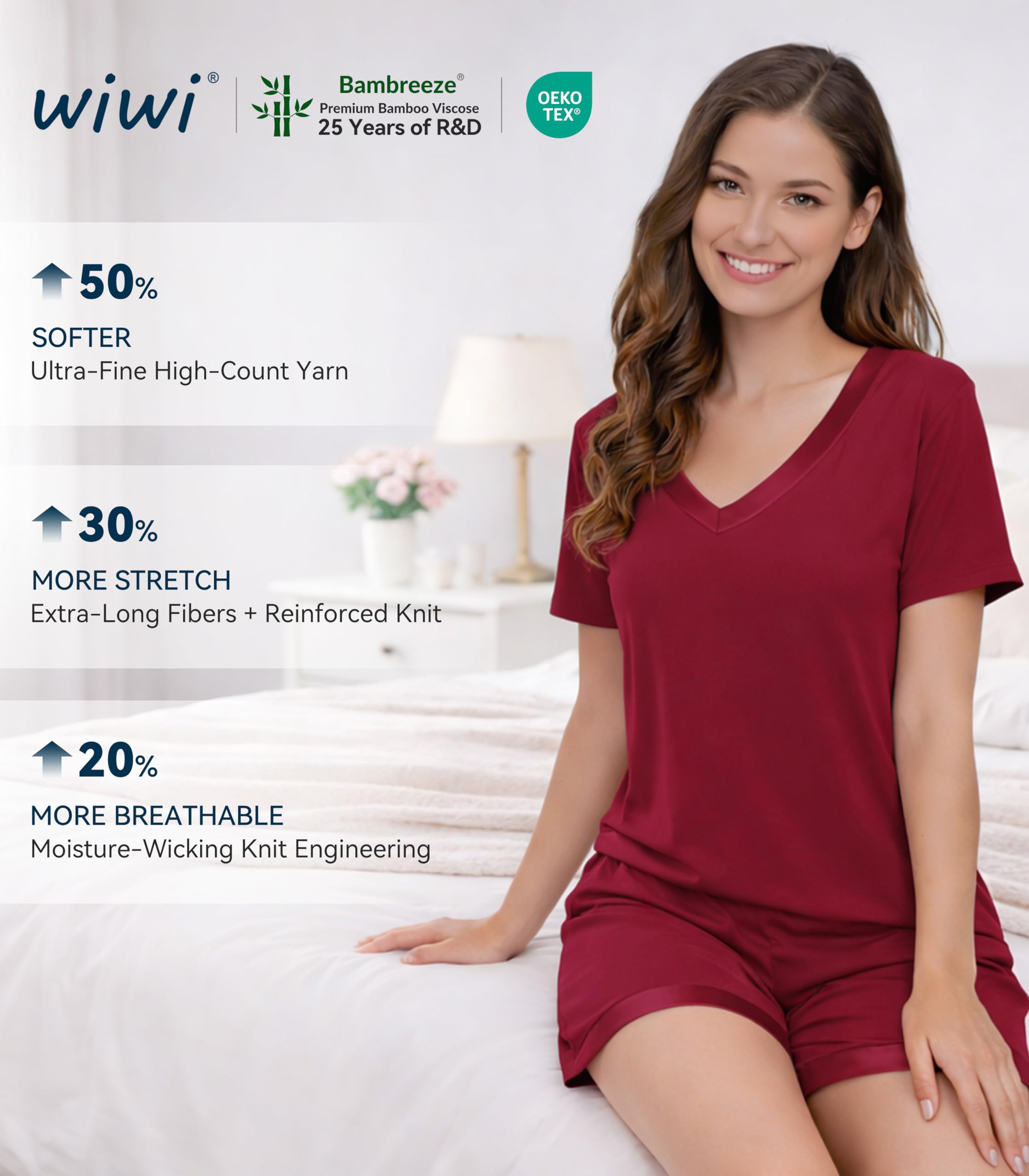 WiWi Conjunto de pijama de bambú suave para mujer, ropa de dormir de manga corta con pantalones cortos, conjuntos de pijama de talla grande S-4X