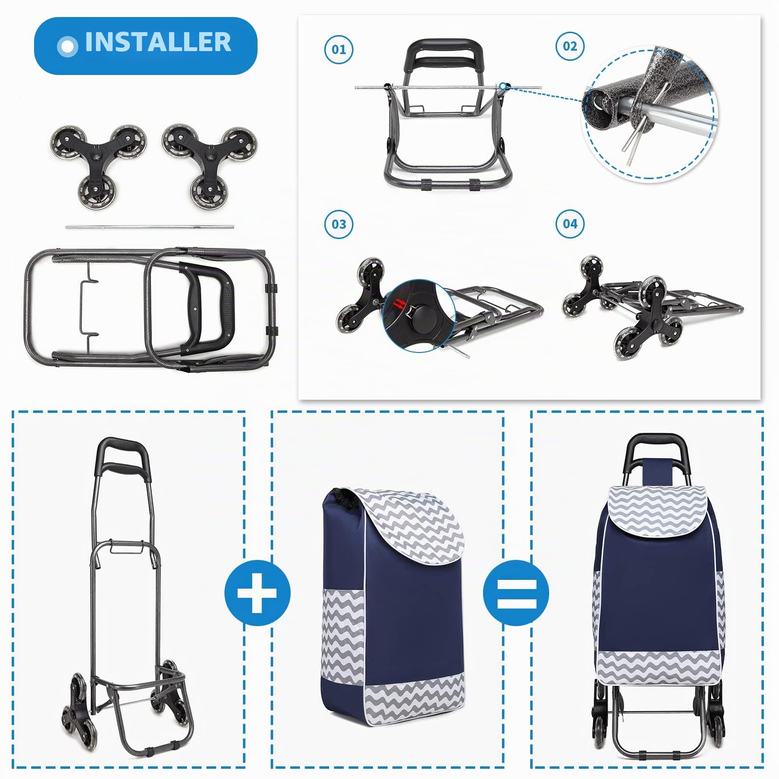 Kono Chariot de courses pliable, léger et étanche, chariot de courses 2 en 1 avec sac isotherme isotherme, chariot d'escalade d'escalier amovible pour courses (bleu marine)