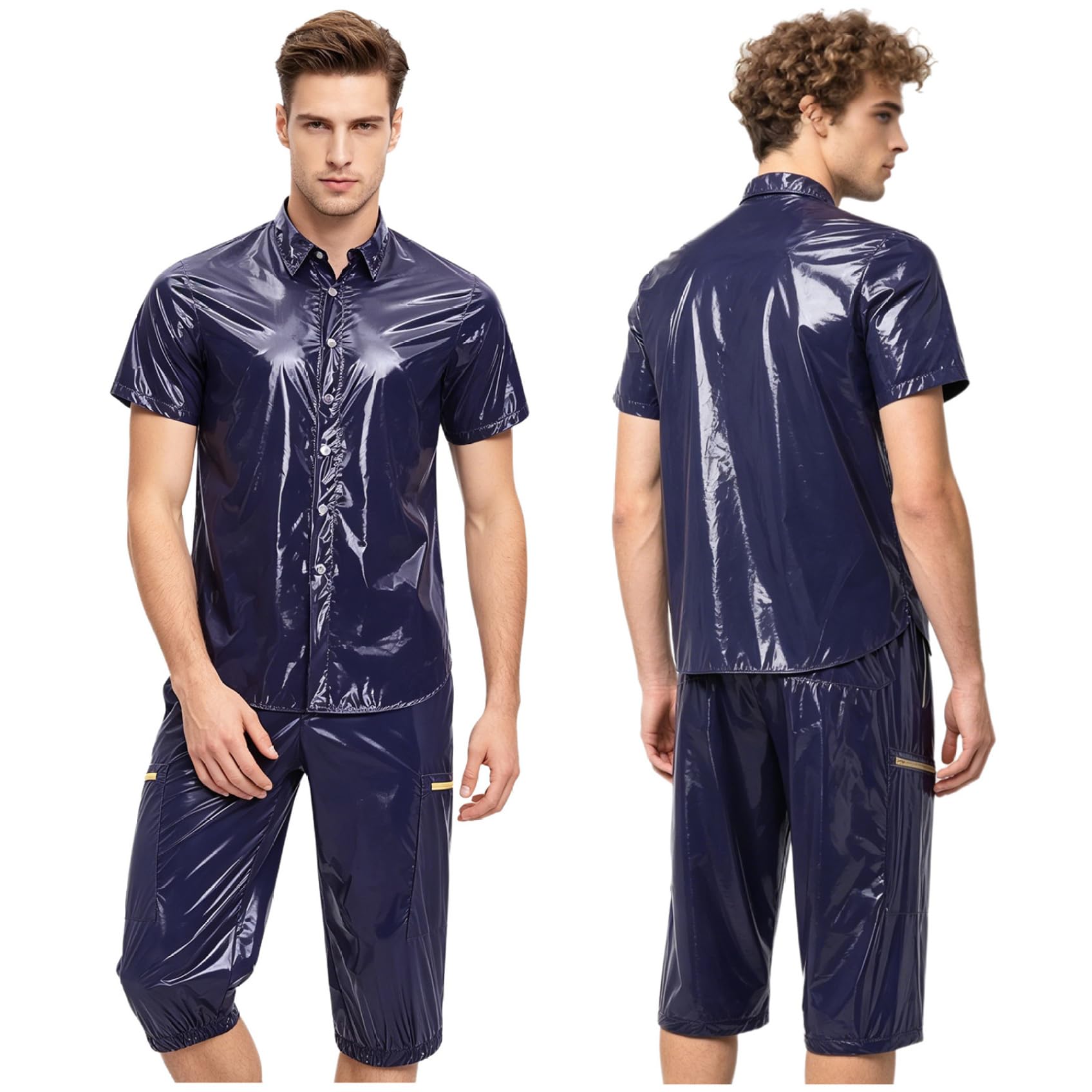 Uomo Look Wetlook Abito Due Pezzi Camicia E Pantaloni Corti Party Discoteca Outfit Blu scuro L
