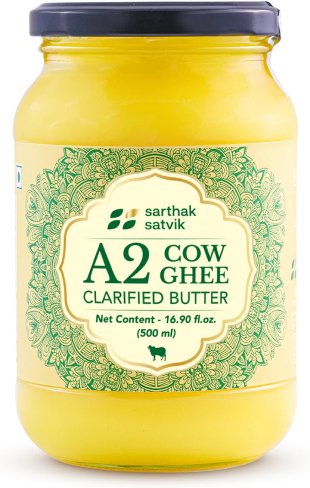 Sarthak Satvik A2 Cow Ghee Grass Fed Clarified Butter, 16.90 Oz Unsalted and Original, Ancient Bilona Made, Free Grazing, Desi Ghee, Pasture Raised Indigenous Breed Cows, Sustainably Sourced, 500 ml