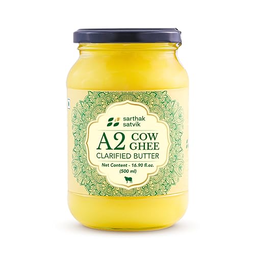 Sarthak Satvik A2 Cow Ghee - Mantequilla clarificada alimentada con pasto, 16.90 onzas sin sal y original, hecha en Bilona antigua, pastoreo libre