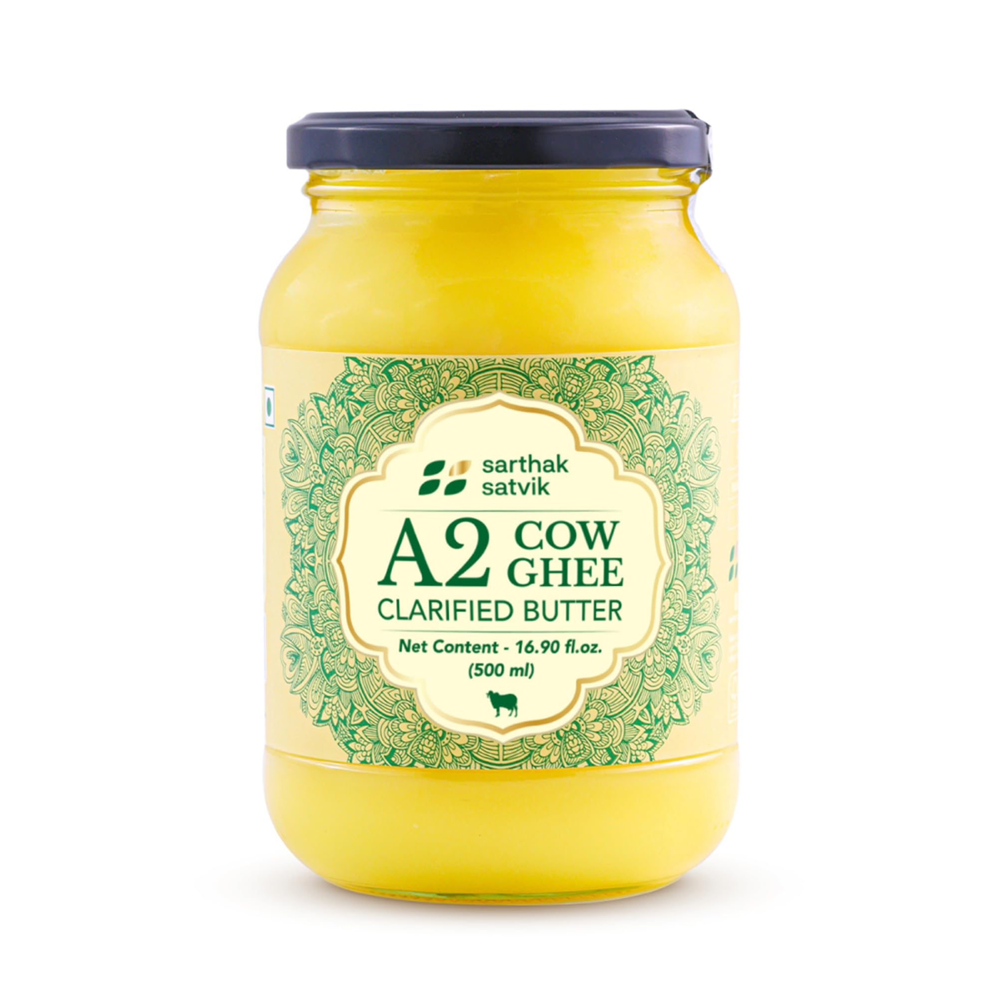 Sarthak Satvik A2 Cow Ghee Grass Fed Clarified Butter, 16.90 Oz Unsalted and Original, Ancient Bilona Made, Free Grazing, Desi Ghee, Pasture Raised Indigenous Breed Cows, Sustainably Sourced, 500 ml