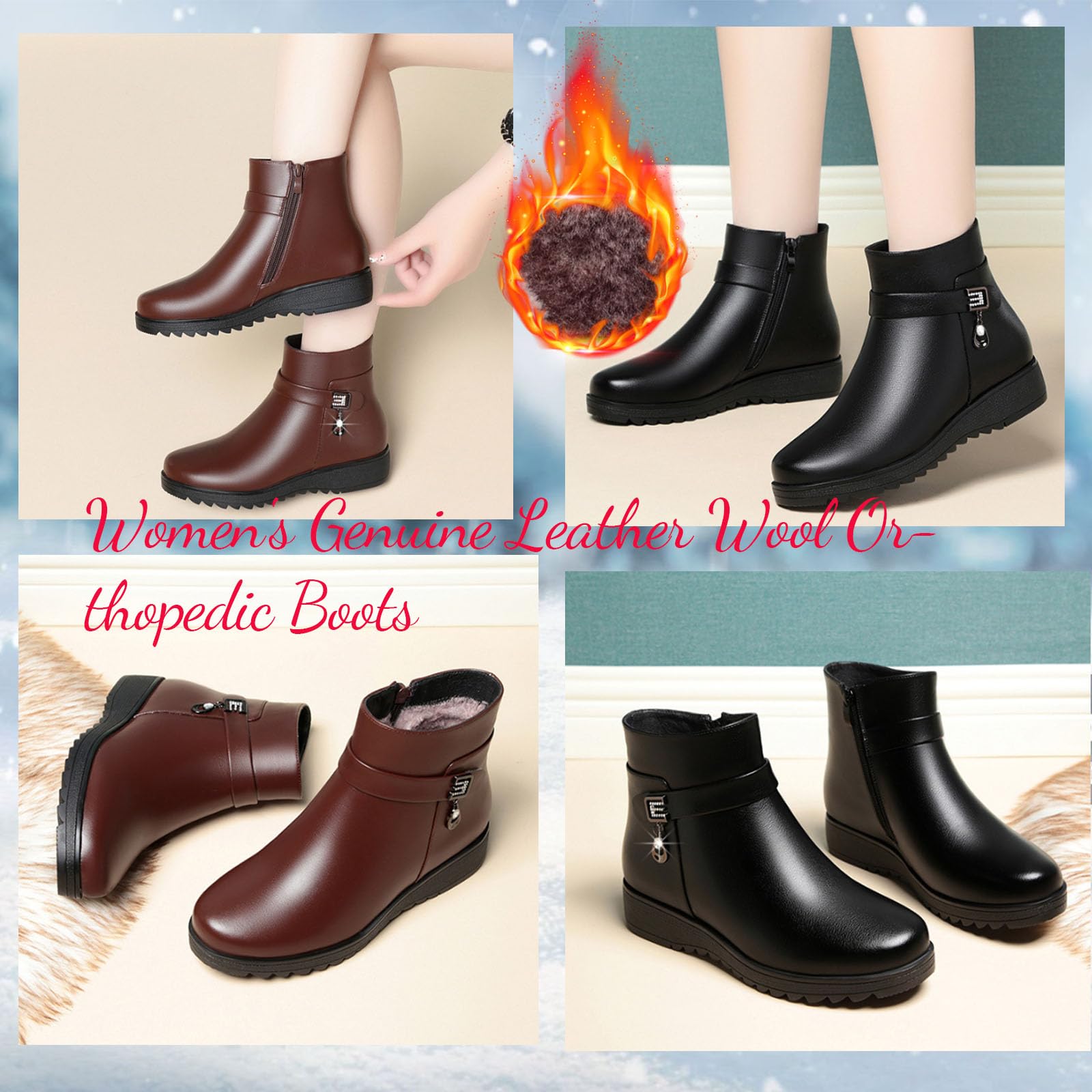 Orthopädische Damenstiefel aus echtem Leder, Wolle, einfarbig, Winter, Schnee, Plateau, Lederstiefel, wasserdicht, gefüttert, seitlicher Reißverschluss, flache Stiefeletten