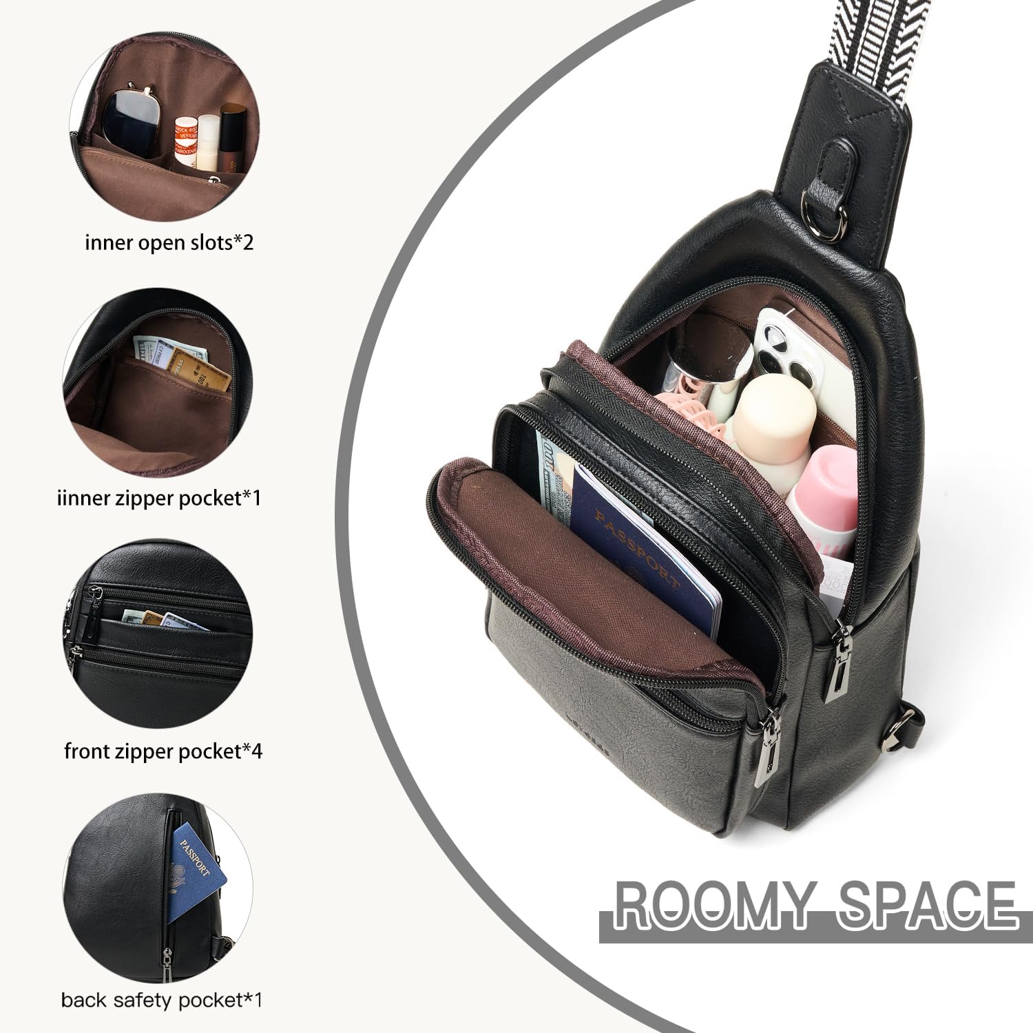 Sling Bag for Women Cross Body Bags Fanny Packs Shoulder Bag Sling Backpack Vegan Leather Trendy Travel Purses Black - Image 4