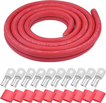 iGreely 4/0 Gauge Wire, 20 Feet Red 4/0 AWG Flexible Welding Battery Copper Cable for Automotive Inverter Solar system RV, 5pcs 5/16""&5pcs 3/8"" Copper Terminal Cable Lug+Heat Shrink Tubing
