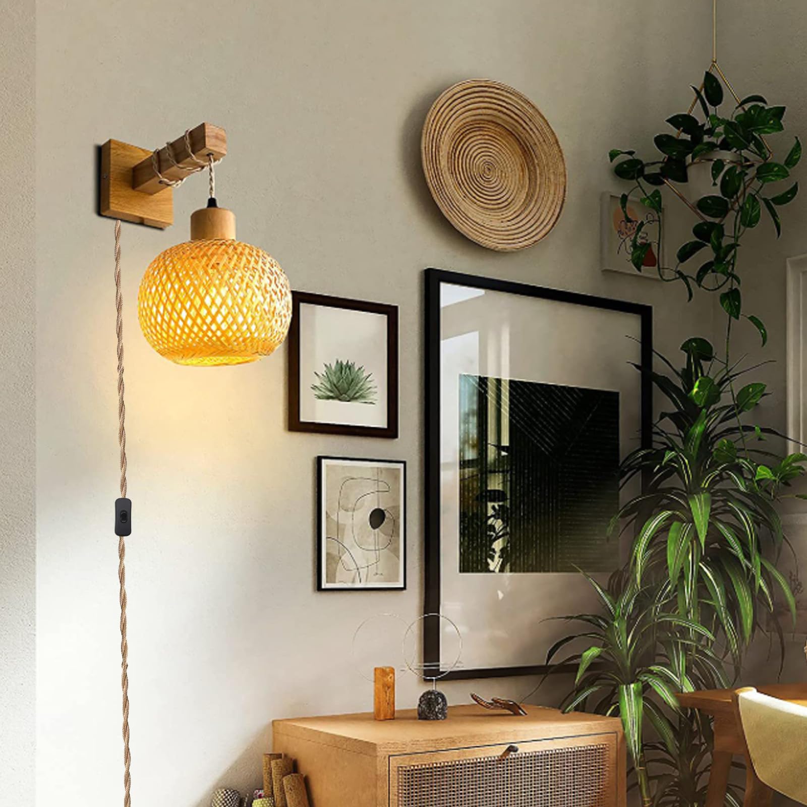 Luz de pared con enchufe interruptor E27 aplique de madera vintage rustico para salón 8