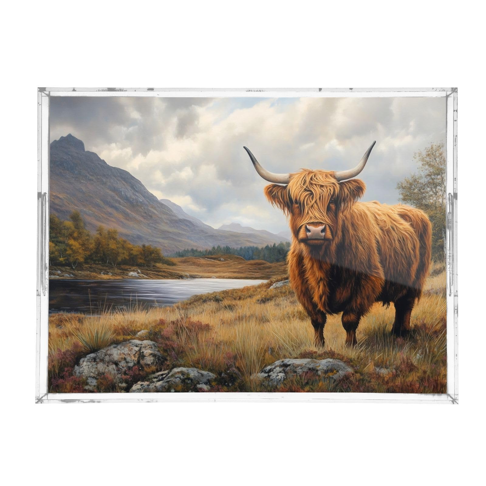 Nesatuwa Highland Cow Acrylic Serving Tray with Handles,Clear Serving Tray Decorative Tray Organiser for Ottoman, Kitchen, Bedroom Decorative Tray 12x16 Inches