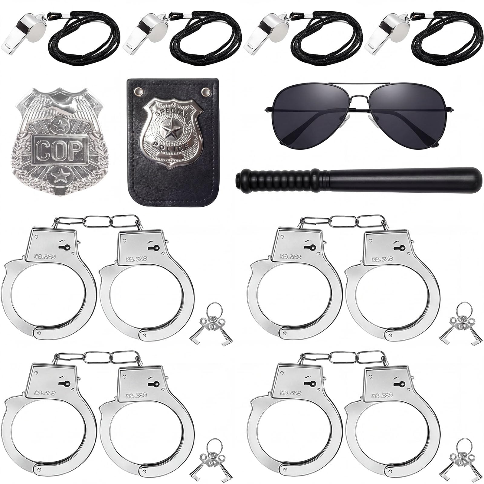 15PCS Police Costume Accessories Bundle - 7 Metal Handcuffs with Keys, 4 Whistles, 2 Badges, Police Baton, Sunglasses & ID Card - Ultimate Cop Role Play Set for Kids Halloween Boys Girls Dress Up