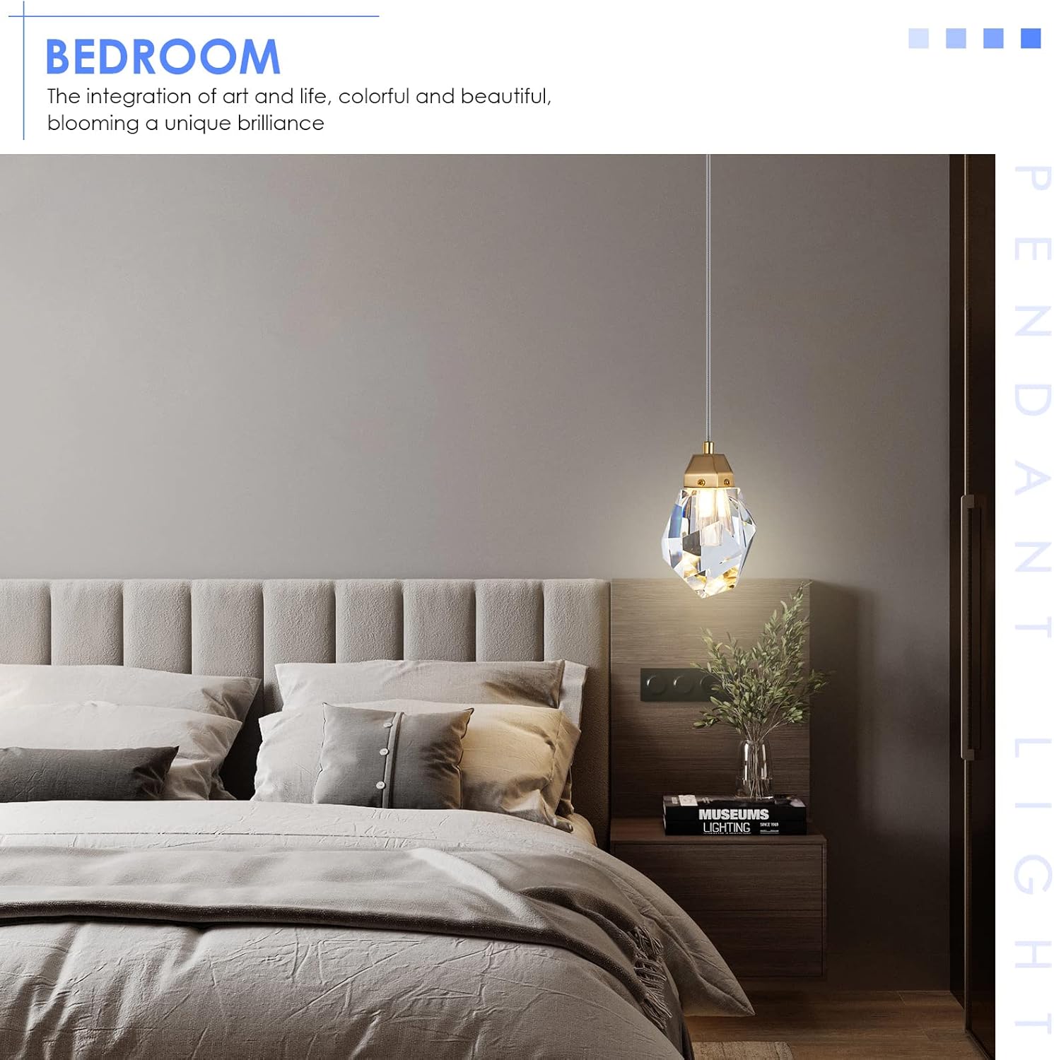 Diamond Crystal Pendant Light, 2 Pack Mini Ceiling Hanging Light in Gold Brushed Brass Finish Prism Crystal Color Changing Led Hanging Light for Kitchen Island Bathroom Bedroom Bar