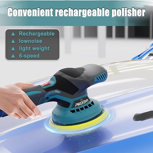 Miniatura 3 de PEDONY Pulidora inalámbrica de 6 pulgadas, máquina enceradora de pulido portátil con 6 velocidades variables, 2 unidades de 2000 mAh de pulido de