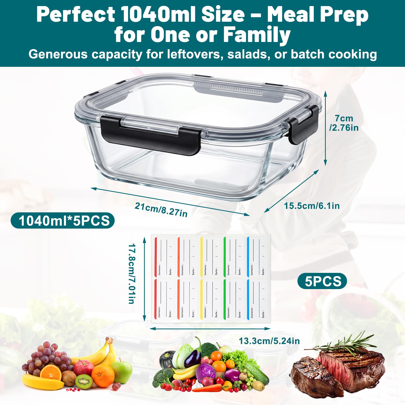 Contenitori per alimenti in vetro borosilicato con coperchi, confezione da 5 contenitori per la preparazione dei pasti da 1040 ml, adatti per forno e congelatore, ermetici, a prova di perdite