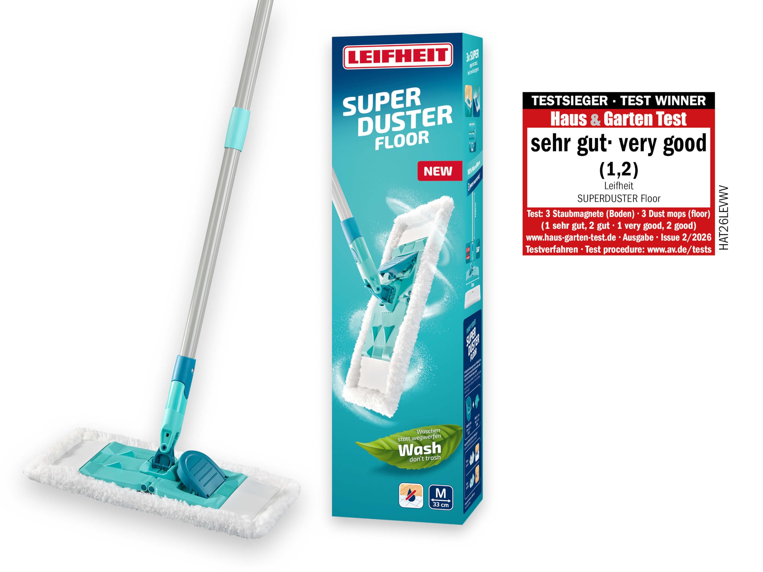 Leifheit Mop per la Polvere SUPERDUSTER Floor, 100% Microfibra | Lavabile fino a 100 volte a 40 °C, snodo 360°, larghezza 38 cm, manico 148 cm, compatibile con Click System e POWER CLEAN