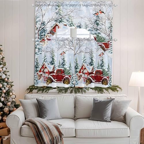 Miniatura 4 de Juego de cortinas navideñas con cenefa y niveles de cocina, 24 pulgadas de largo, color rojo, camión nevado, granja, árbol de Navidad, bolsillo para