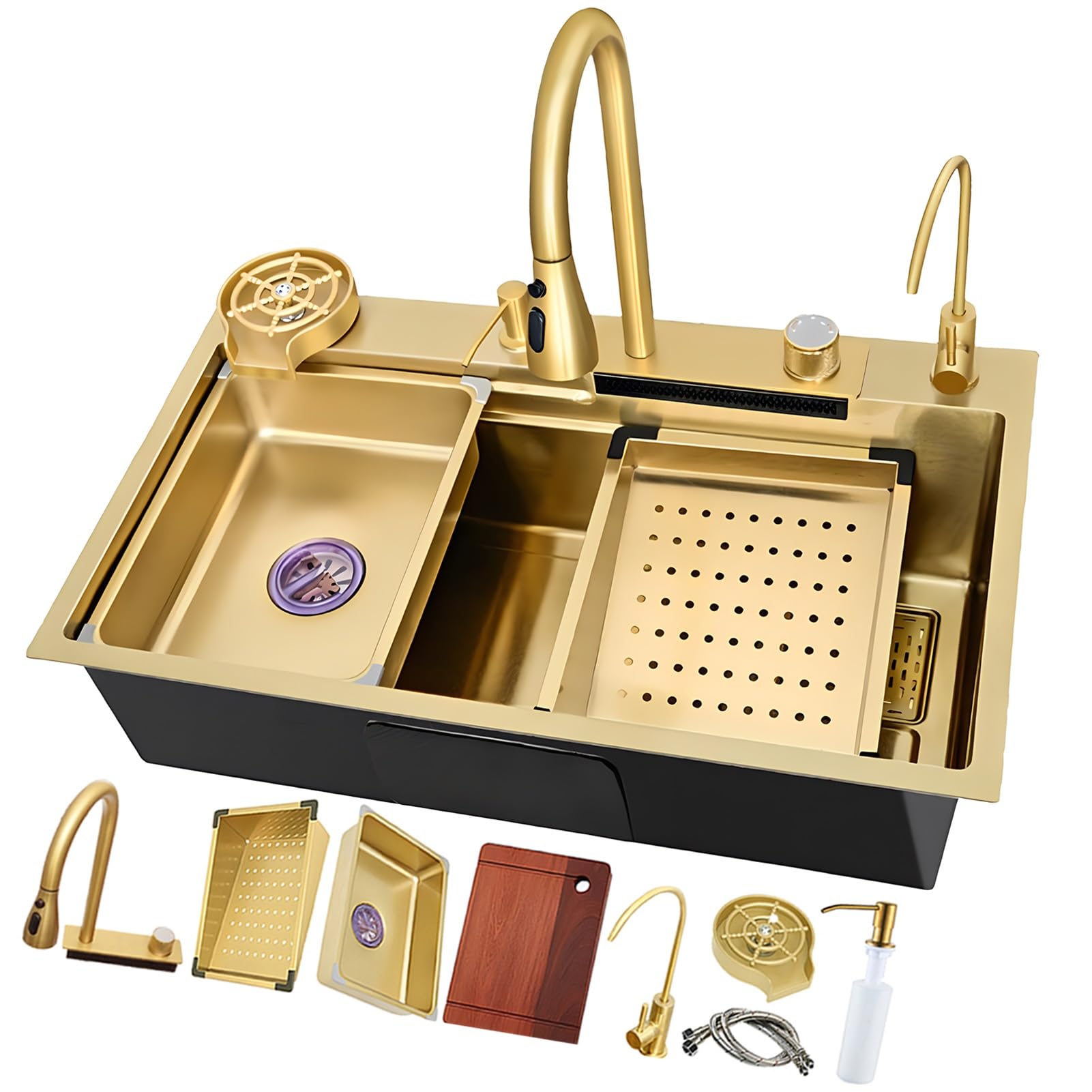 YADZISW Versatile Stainless Steel Kitchen Sink - Large Capacity Single Bowl Waterfall Workstation Bar Set (Gold 75x45x22cm) Perfect for Modern Kitchens
