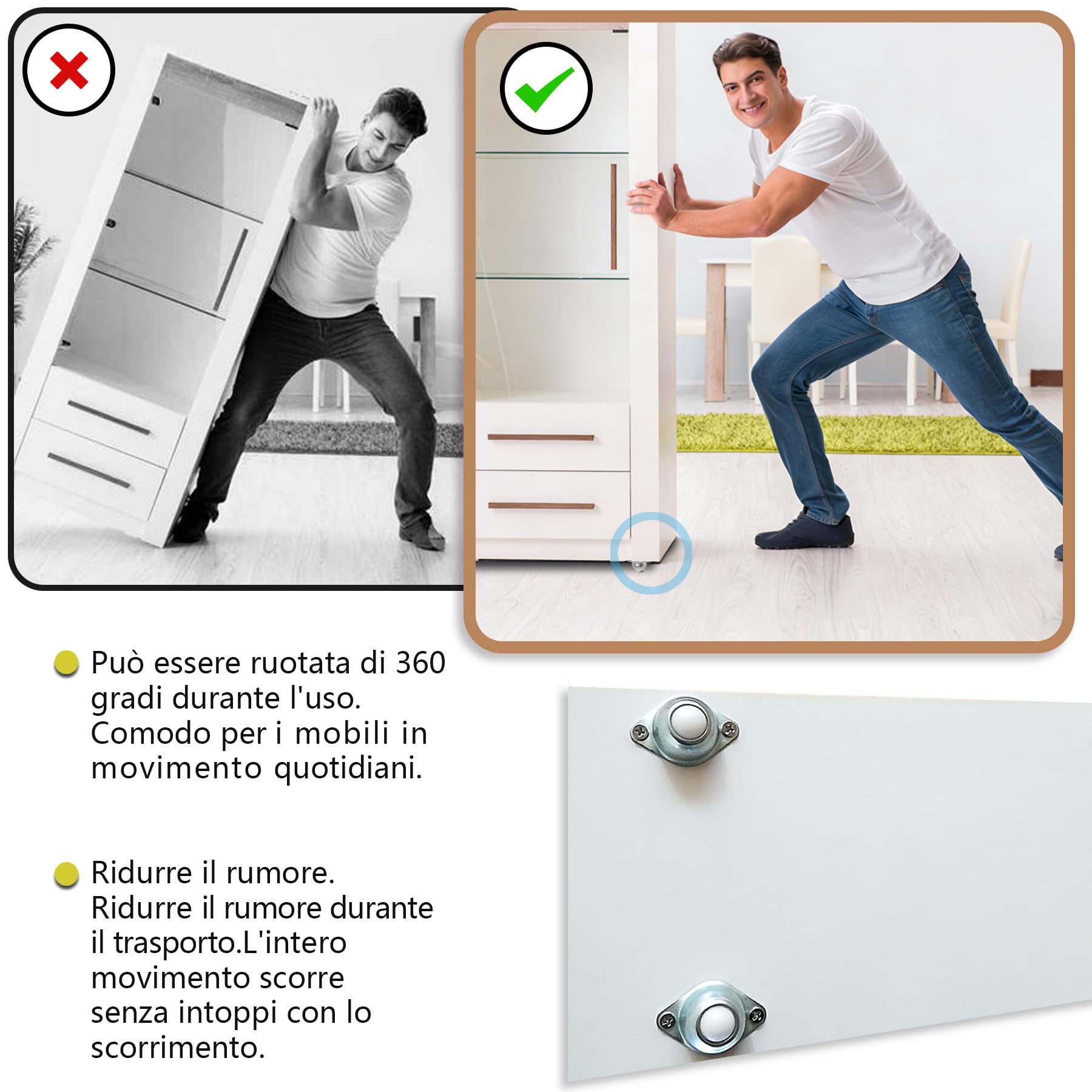 6 Pezzi Rotelle a Sfera per Mobili, Ruote di Trasferimento a 360 Gradi in Nylon, Rulli di Trasporto Silenziosi per Divani, Scaffali e Contenitori, con 12 Viti Inlcuse, Argento