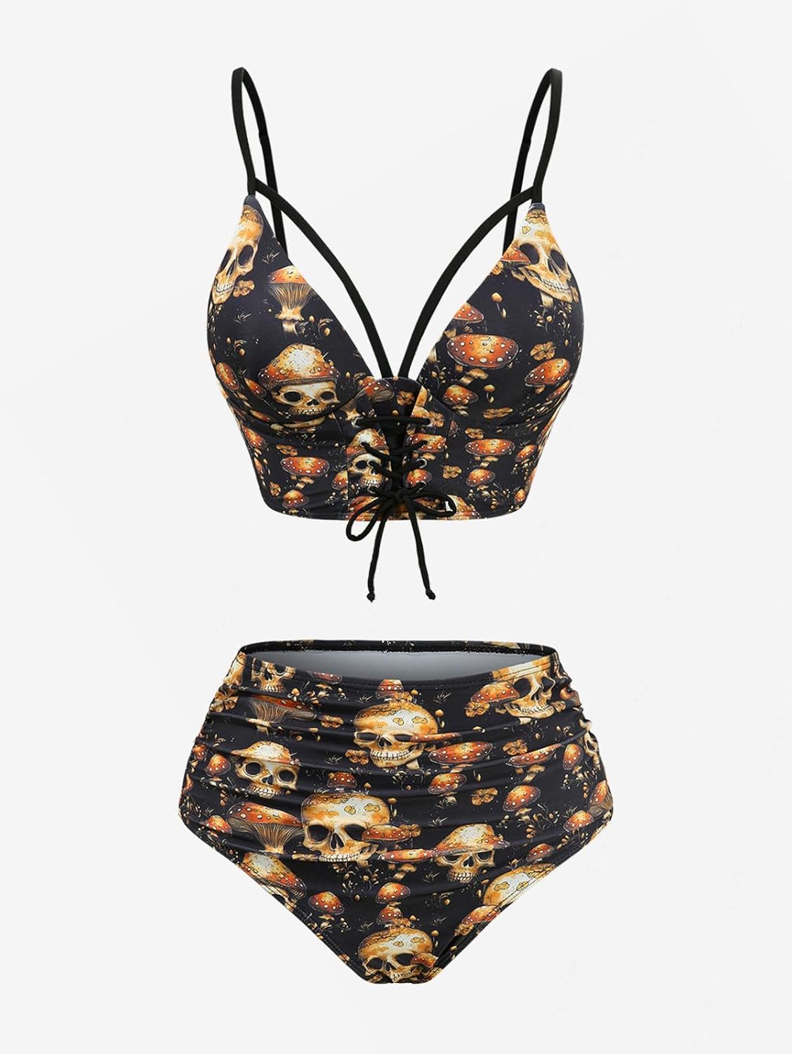 DRESSFO Skulls Mushroom Tankini Swimsuit Women High Waisted Ruched Lace Up Bathing Suits