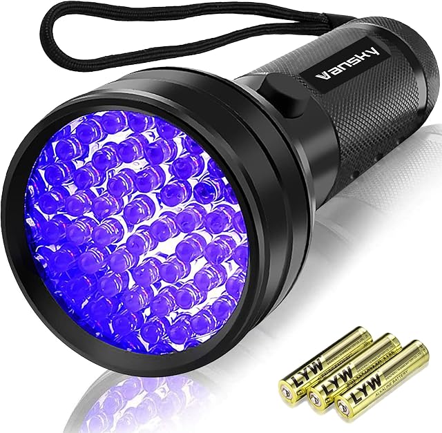 UV Torch, Vansky UV Flashlight Black Light for Pet Urine Detection,51 LED Blacklight Detector for Dog Urine,Pet Stains,Bed Bug on Carpet/Rugs/Floor3 x AA Batteries Included