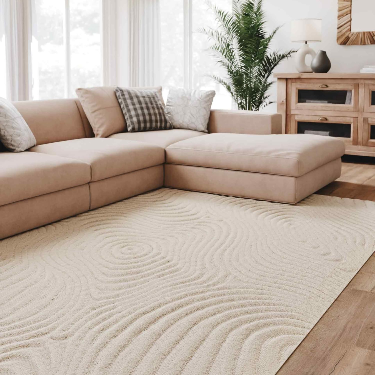Interiyou vloerkleed woonkamer hoogpolig Cannes - 240x340 cm Crème - Scandinavisch boho patroon, 3D reliëf, vlak, geometrisch