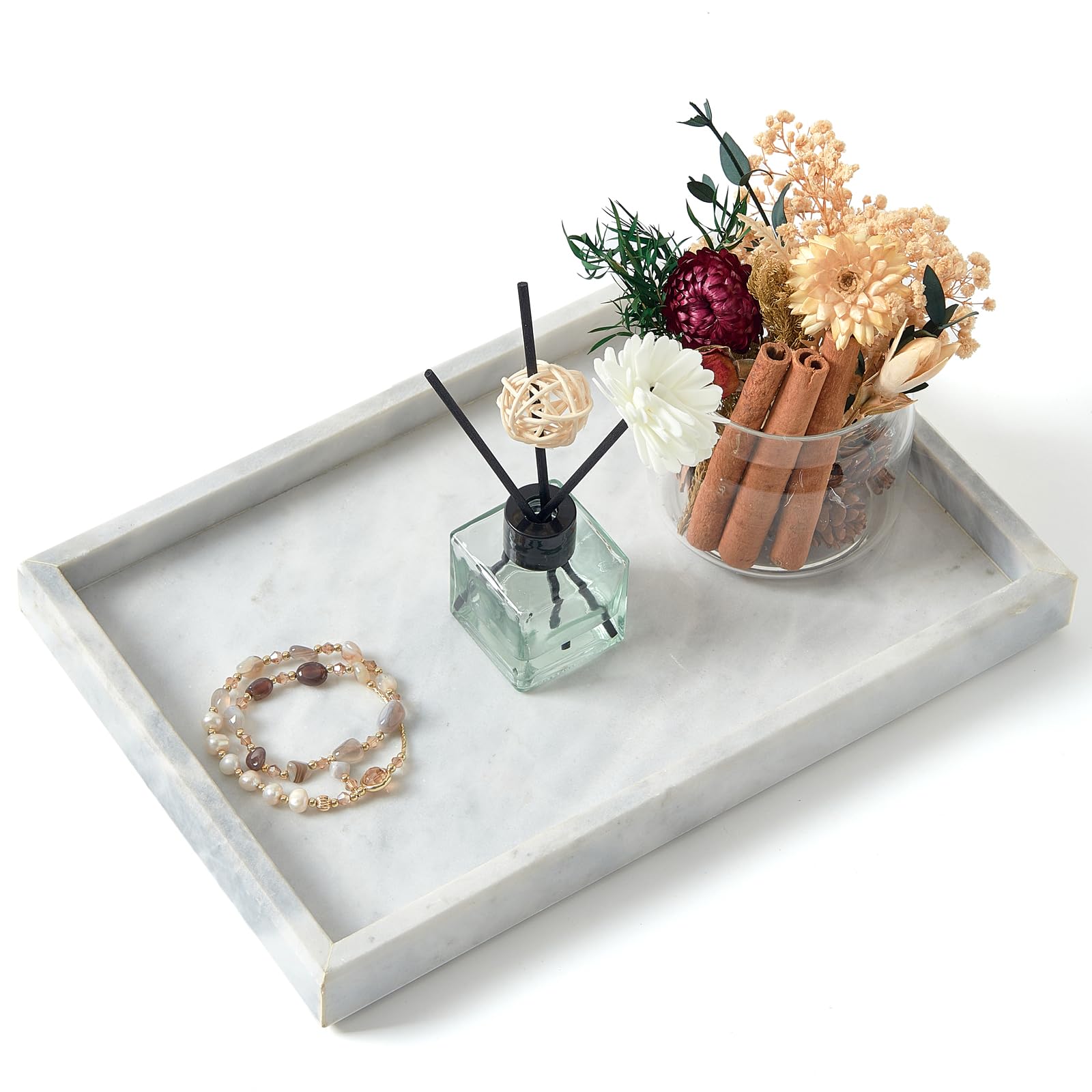 MULWR Marble Bathroom Tray,Pure Natural Marble Vanity Tray,Marble Tray for Kitchen Counter Non-Ceramic/Non-Resin,Stone Tray 12 x 8 inch (White)