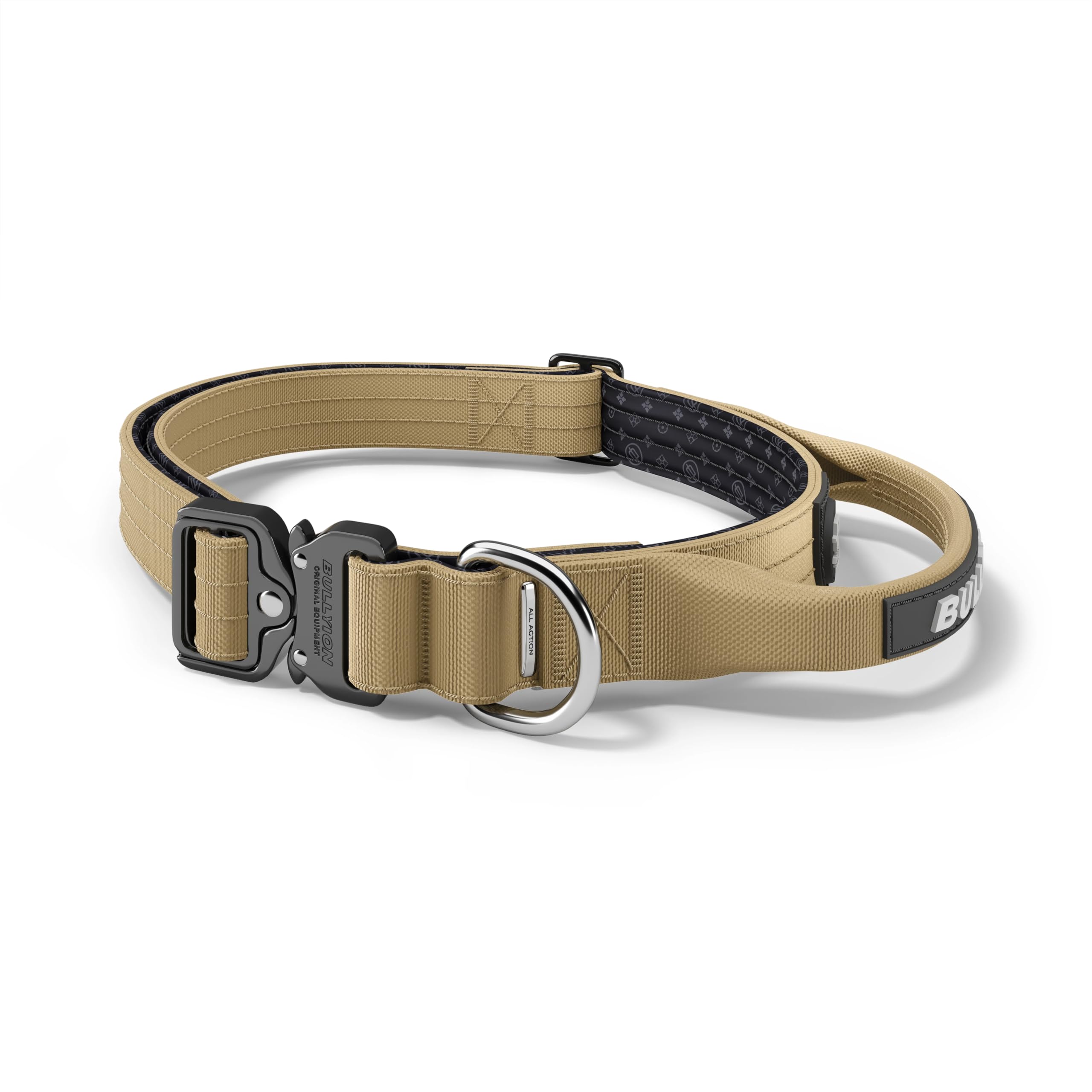 Bullyion ® Original Equipment Tactical Dog Collar with Handle, Heavy-Duty Adjustable Collar - Metal Buckle with D-Ring, Padded Lining, Nylon Dog Collar for Dogs & Puppies - 2.5 Cm - Grenadier Tan