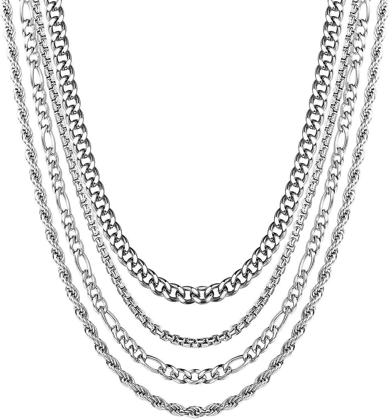 CASSIECA4 Piezas Collar de Cadena de Acero Inoxidable para Hombres y Mujeres Cadena de Cuerda de Plata para Colgante Cadena de Eslabones Cubanos Figaro Rolo Collar Conjunto