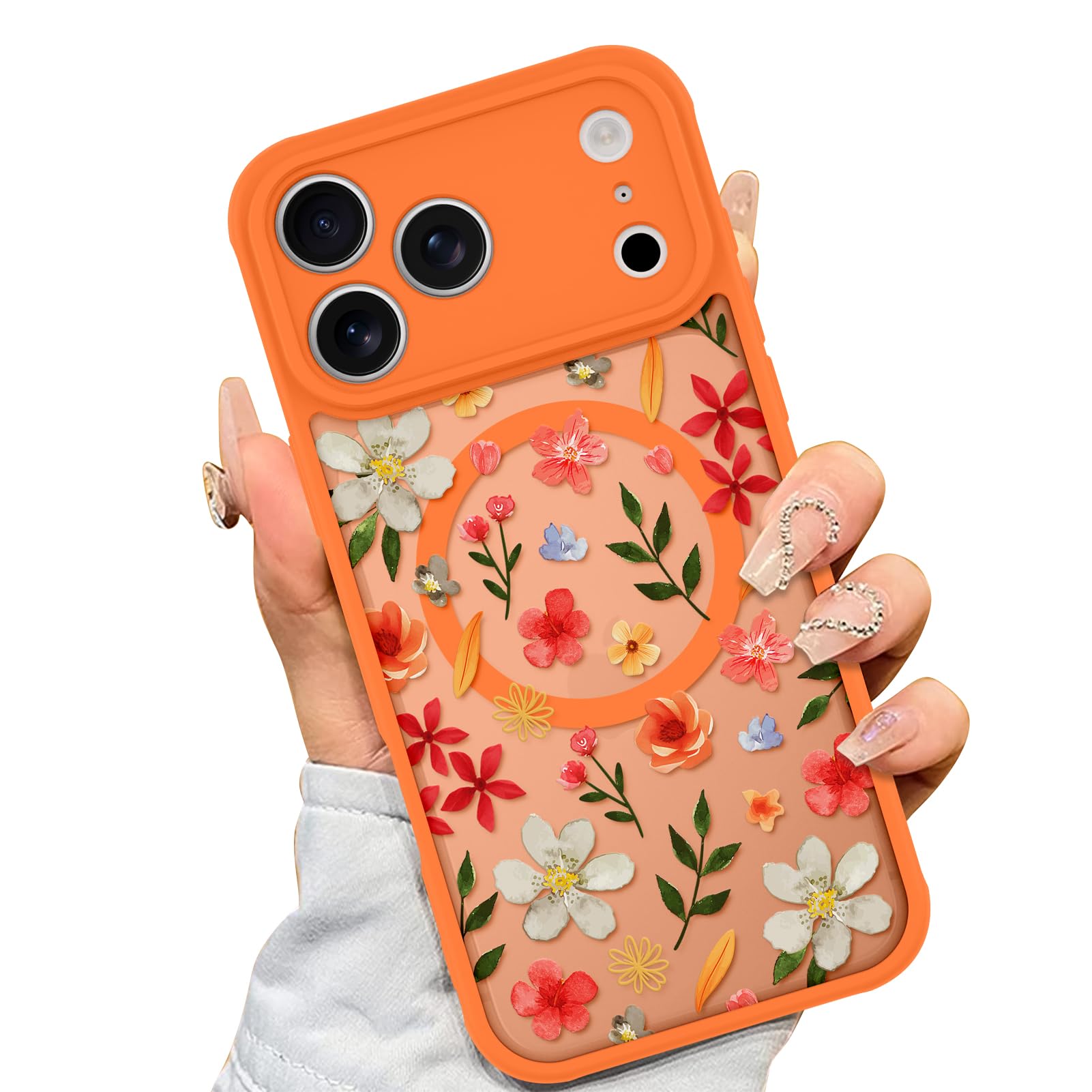 AIGOMARA Magnetic Case Made for iPhone 17 Pro Compatible with MagSafe Cute Orange Blue Flower Floral Pattern Soft