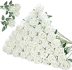 InnoGear 50 Pcs White Roses Artificial Flowers, Fake Velvet Silk Rose Bulk Faux Flower for Decoration DIY Wedding Centerpieces Proposal Bridal Bouquets Shower Party Home Floral Decor (50, White)
