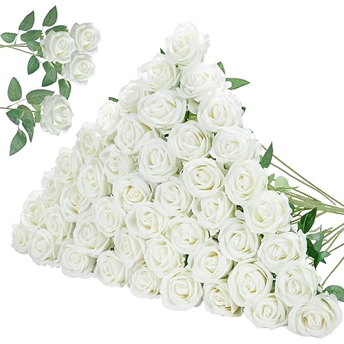 InnoGear 50 Pcs White Roses Artificial Flowers, Fake Velvet Silk Rose Bulk Faux Flower for Decoration DIY Wedding Centerpieces Proposal Bridal Bouquets Shower Party Home Floral Decor (50, White)