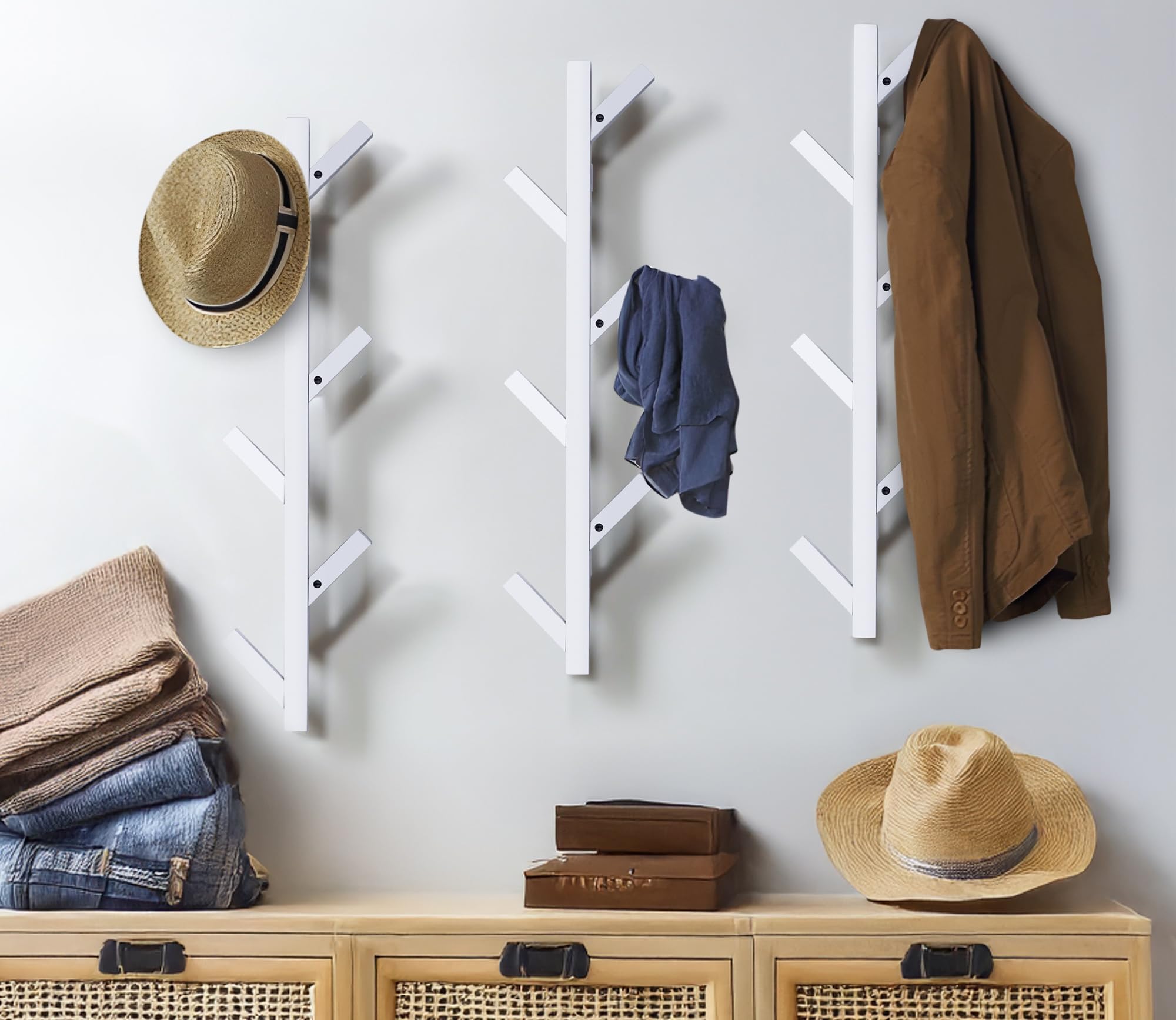 T-LOVENDO.ES Perchero de pared madera maciza de haya vertical 6 Ganchos. Moderno. Ideal recibidor, entrada, salón, dormitorio. Diseño moderno. (Blanco)