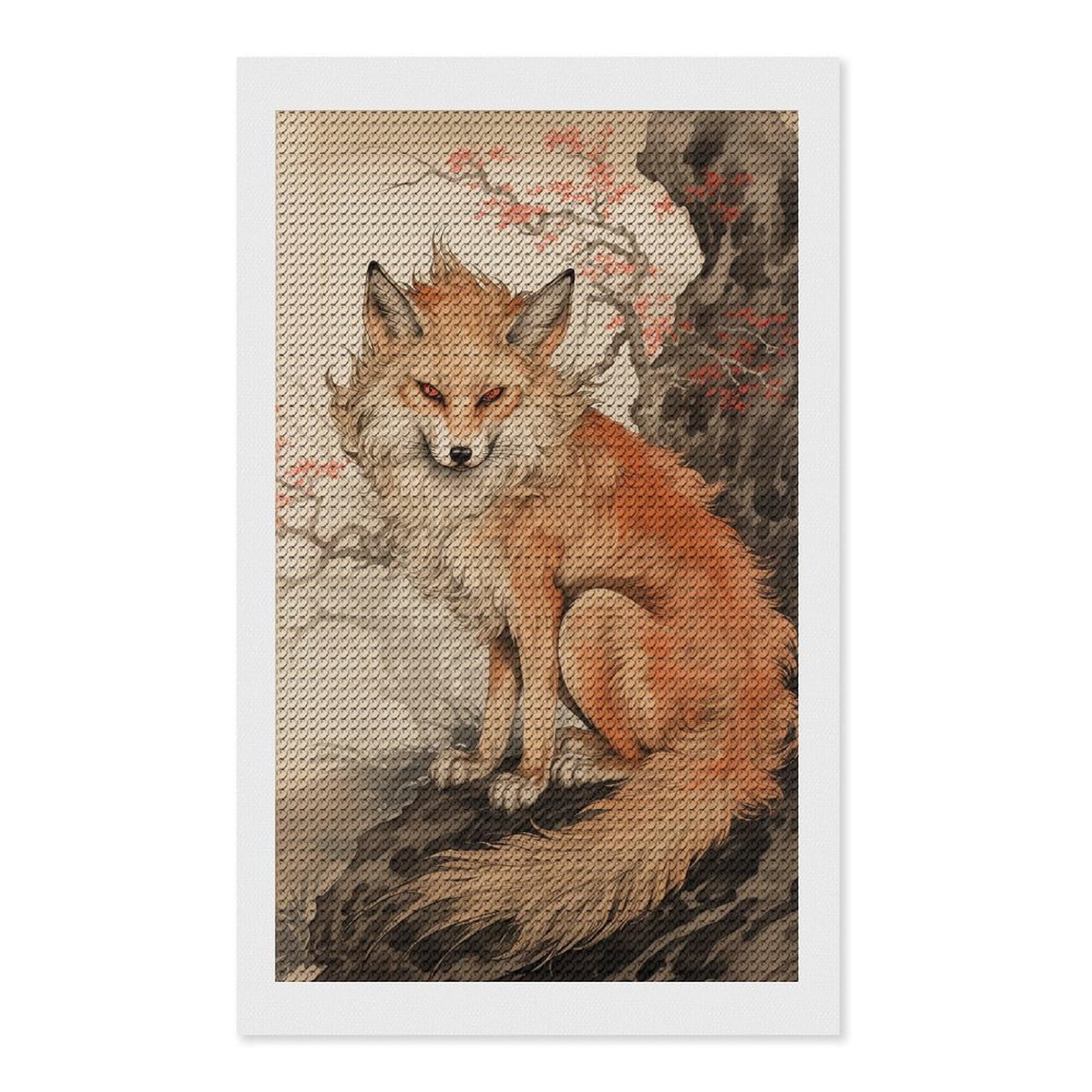 Junmoney Japan Fox Diamond Art Kit 12"x20", Holiday Gift Idea, for Women, Easy Handmade Project, Vintage Style Decor, Printed Canvas