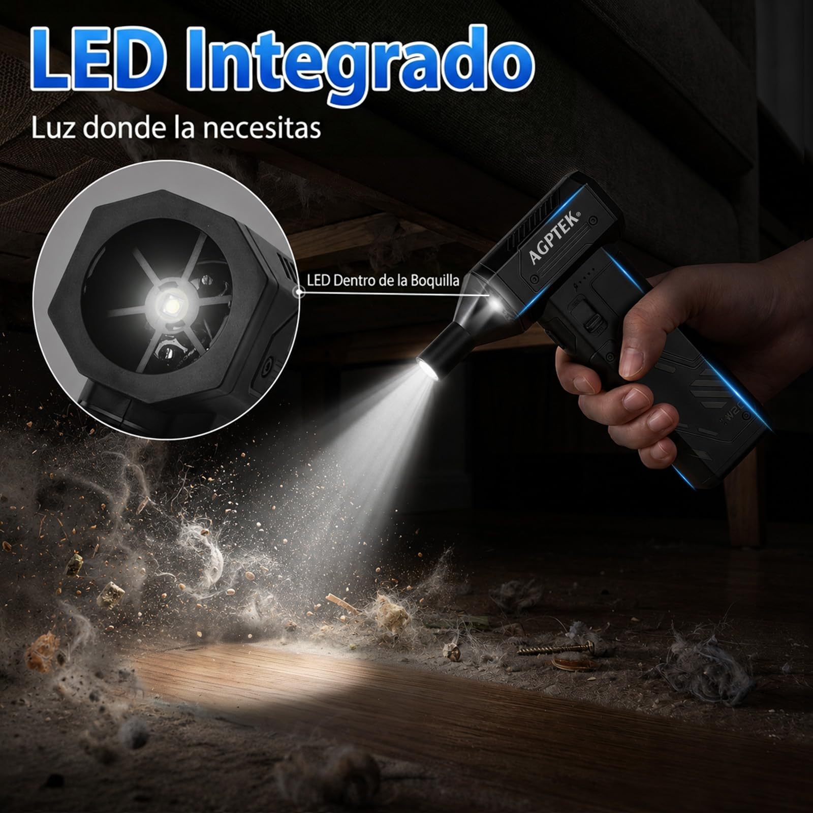 AGPTEK Soplador de Aire Inalámbrico 260000 RPM, Motor sin Escobillas | 3 Velocidades Ajustables, para Limpiar Teclado, PC, Coche y Hogar, 8000 mAh Recargable con LED, Portátil, Potente y Eficiente