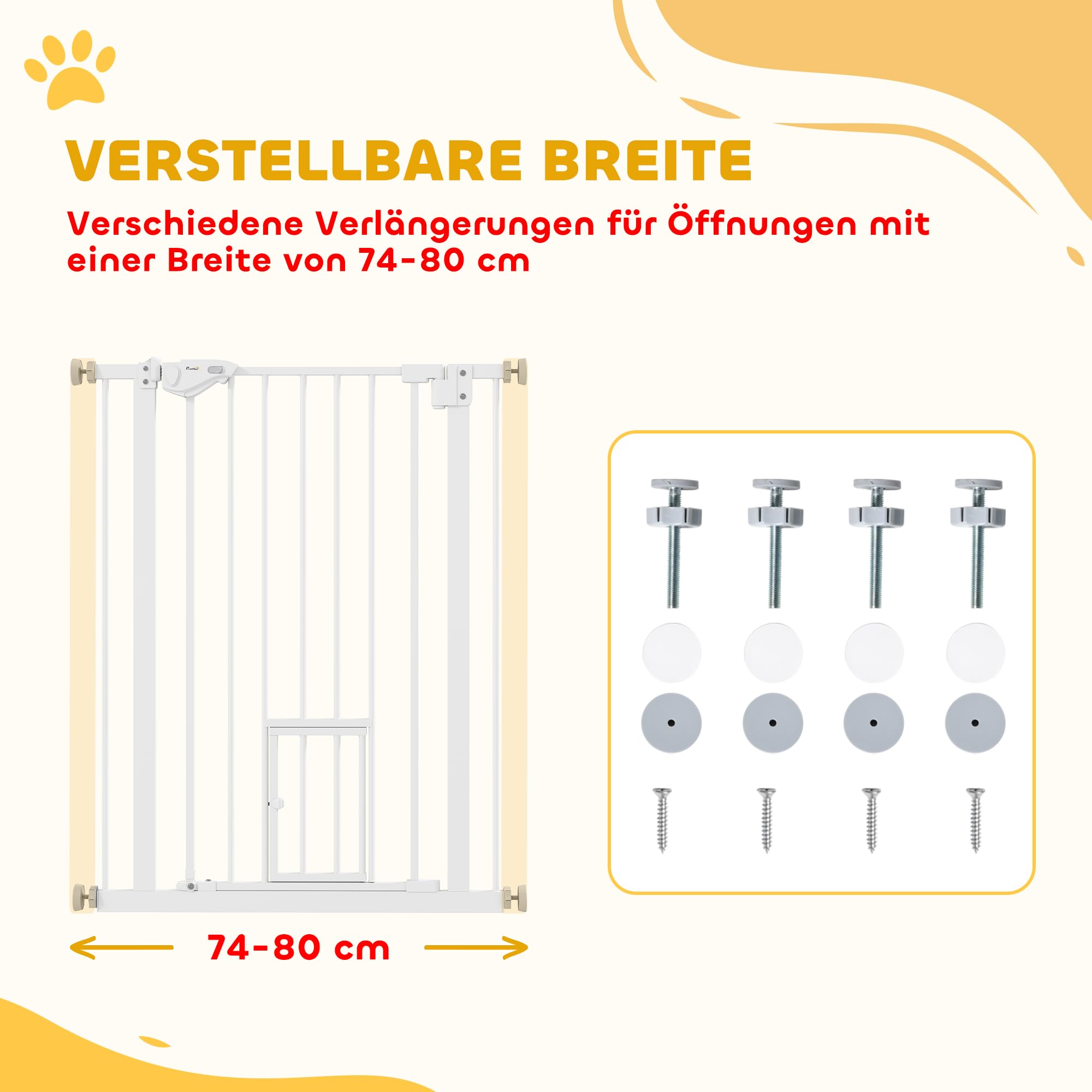 PawHut Treppenschutzgitter Ohne Bohren 74-80cm für Kinder Haustiere Weiß | Türschutzgitter, Kinderschutzgitter, Auto-Close, Einhand Öffnung, Doppelte Verriegelung, Türgitter für Treppen Türen