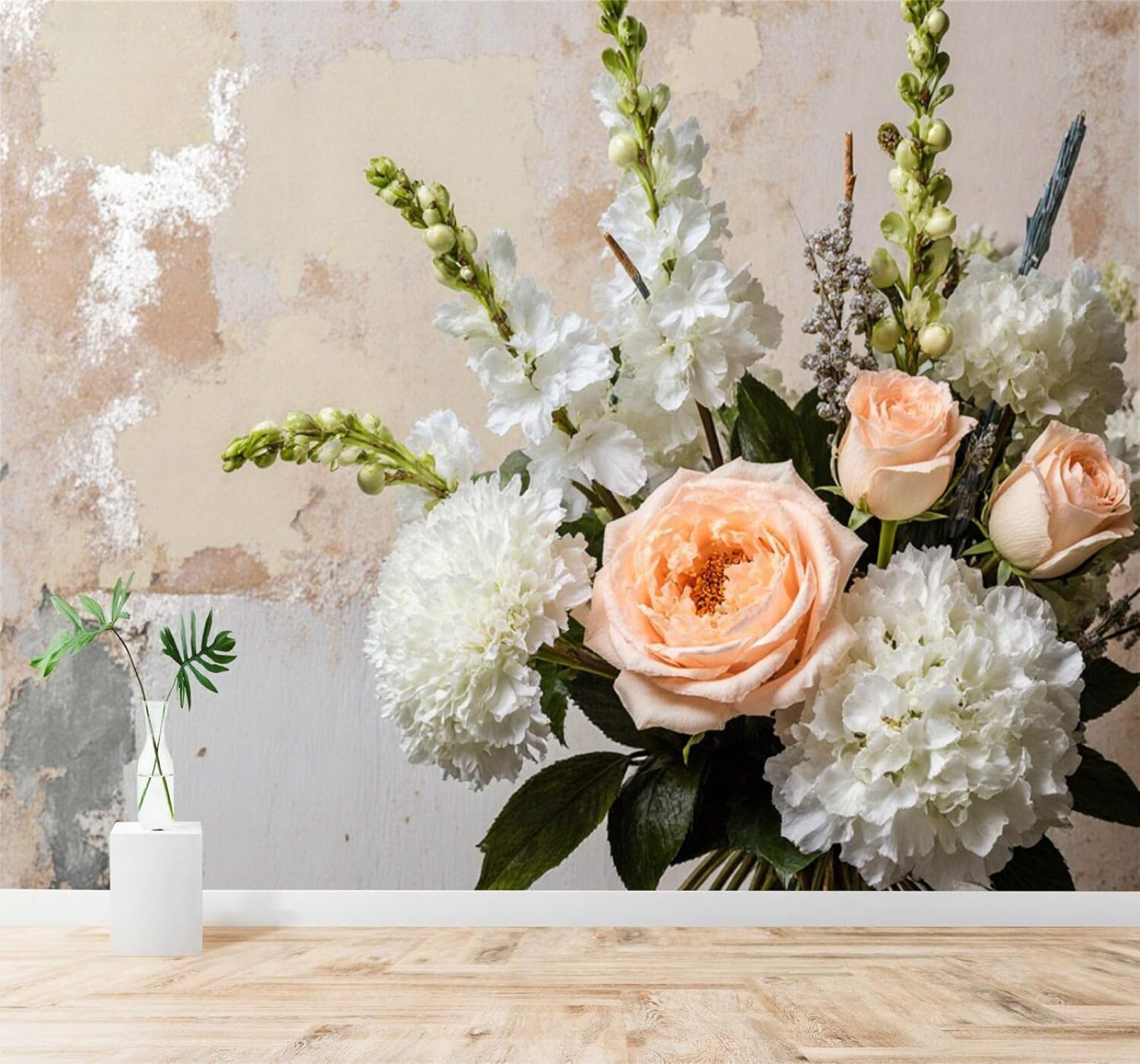 XLMING Cream Roses White Hydrangeas Bouquet 3D Wallpaper Silky Texture Home Study Office Grey Dining Room Sofa Bedroom Living Room TV Backdrop-400cm×280cm