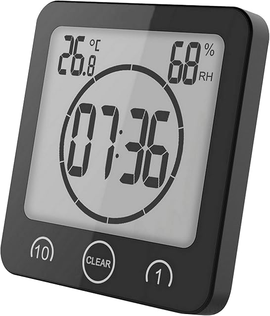 GuDoQi Bathroom Clock, Shower timer, Waterproof for Water Spray, Hygrometer Thermometer LCD Display, Suction Cup, Digital Wall Clock for Shower, Cooking, Makeup (Black)