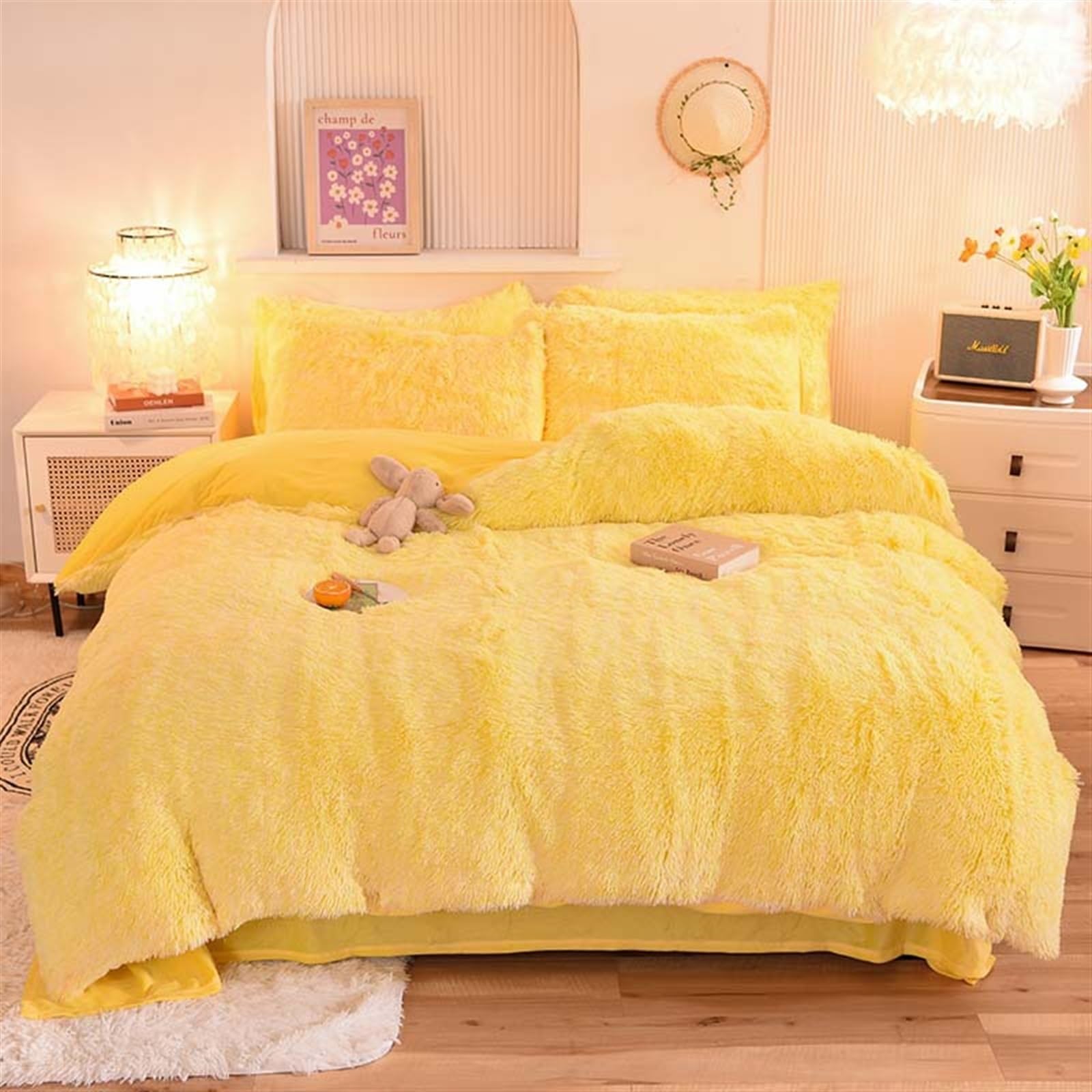 Plush Shaggy Duvet Cover Double Set,Tie Dye Faux Fur Bedding Set for Teens Girls Soft Velvet Fluffy Fuzzy Comforter Cover Bed Set (Color : Bright yellow and white, Size : Fitted sheet 1.5M)