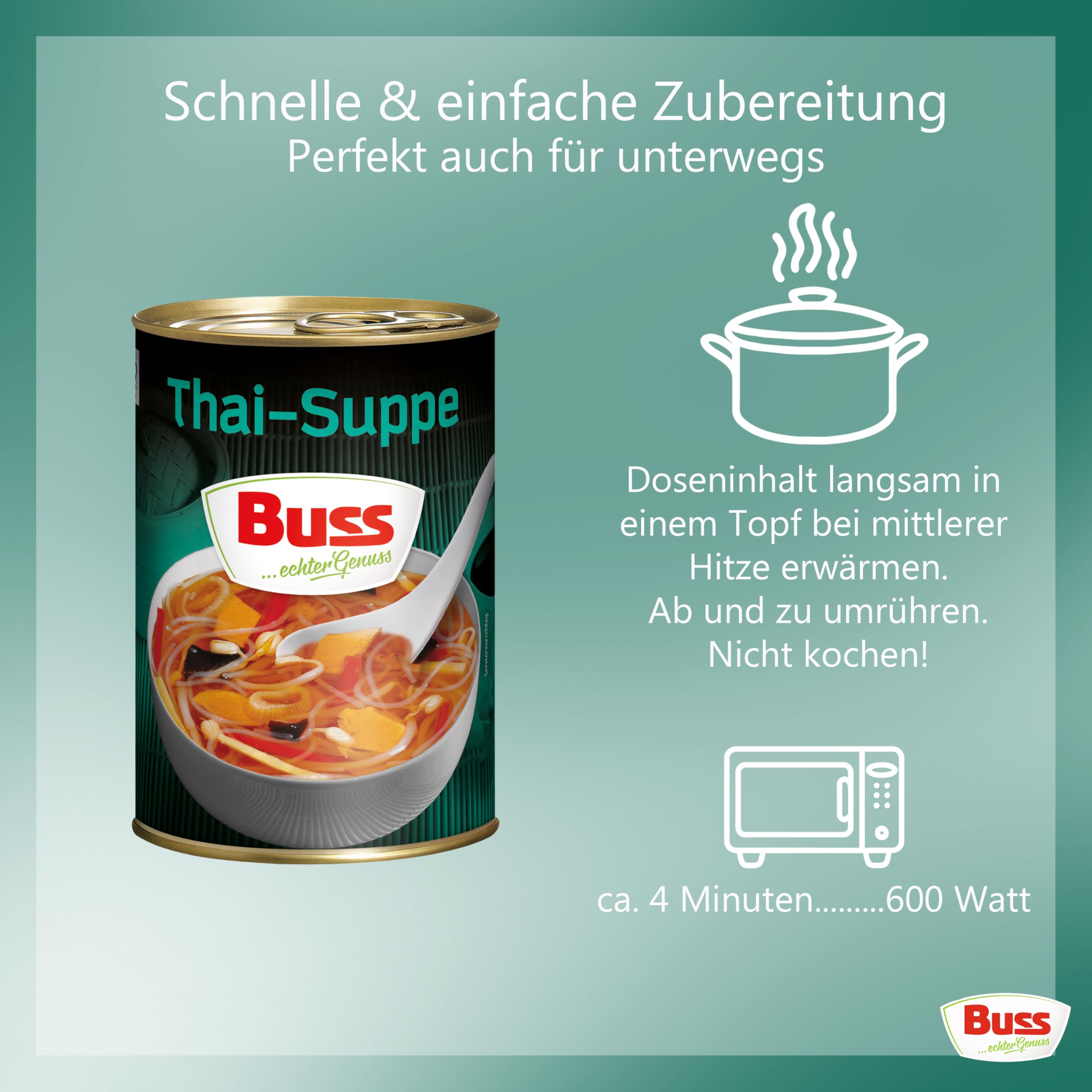 Buss Asia Suppen - Leckere Thaisuppe Bangkok, 12 x 400g | Suppe mit Gemüse, Glasnudeln und Hühnerfleisch - Schnelle Fertiggerichte zum Aufwärmen in Mikrowelle & Topf