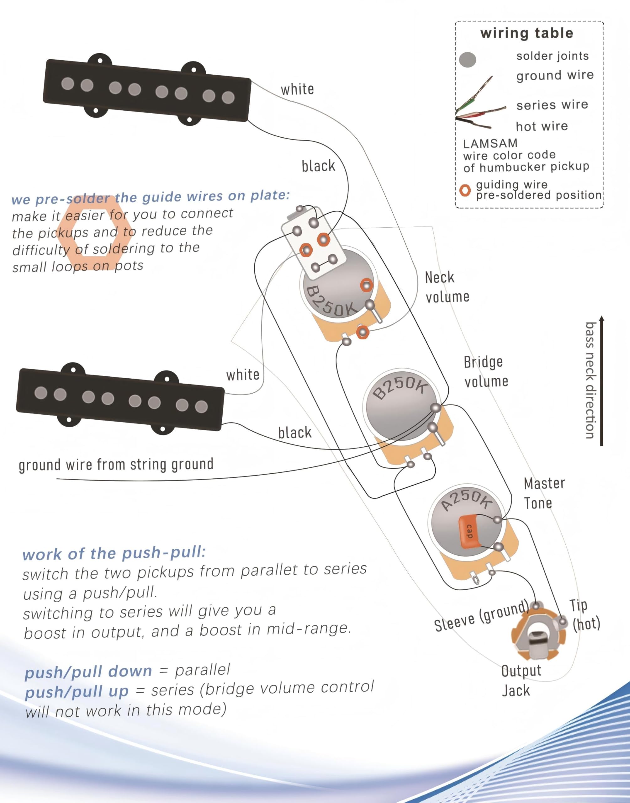 Placa de control precableada para bajo jazz, placa de control de bajo J cargada con arnés de cableado, potenciómetros de empuje y tracción, conector de salida de contacto completo, como piezas