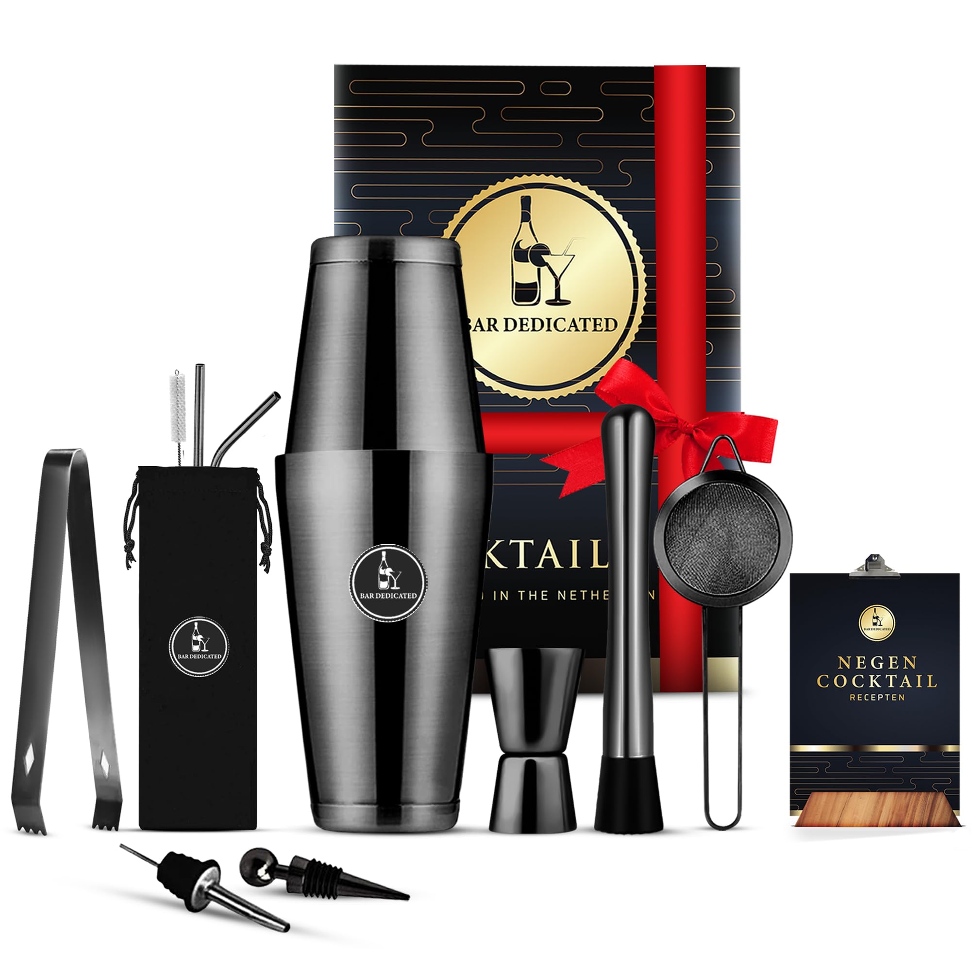 Juego de cócteles negro 13 piezas - Juego de coctelera con Jigger - Elegante juego de barras de regalo para hombres, mujeres, Boston Shaker incl. Libro de recetas y envoltura de regalo