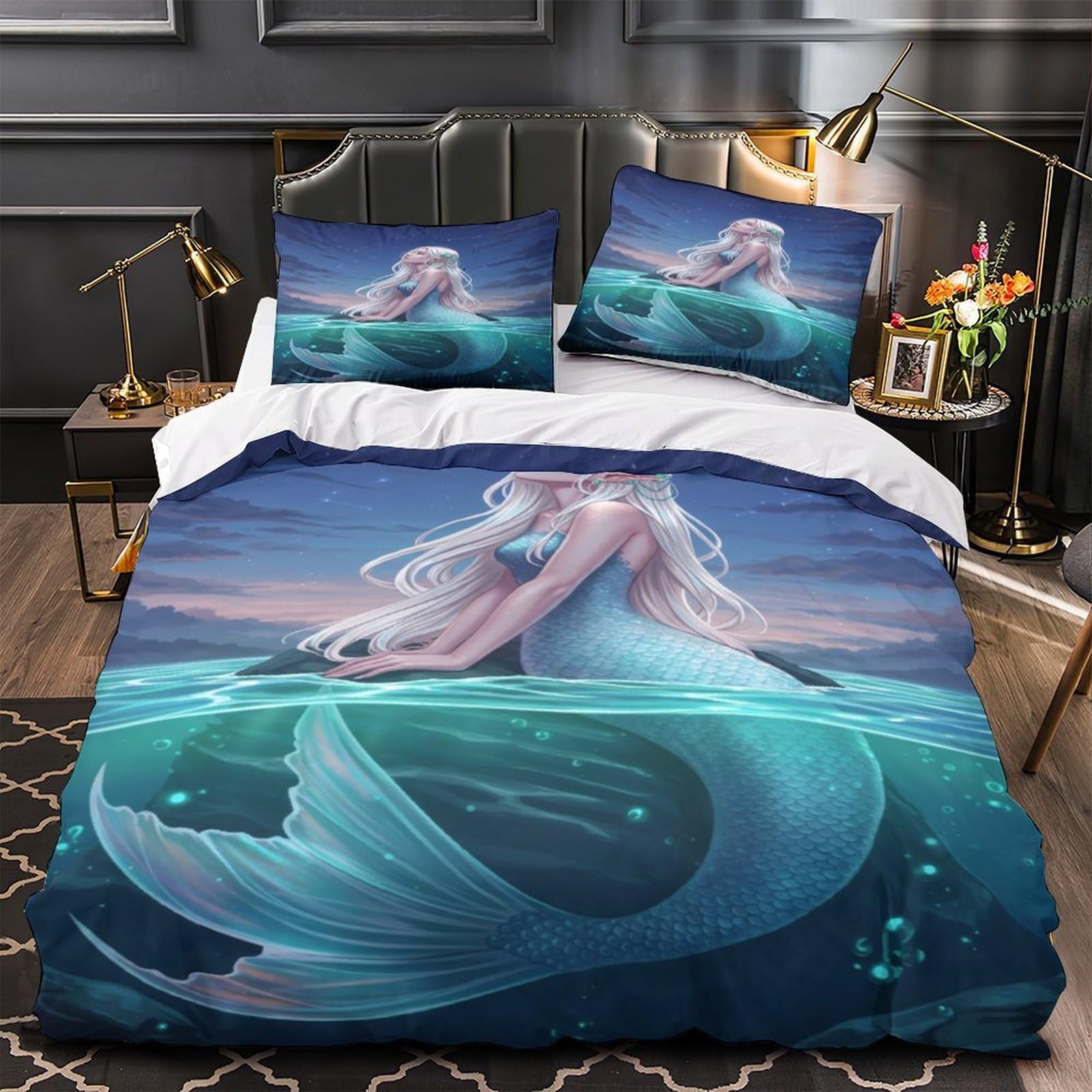 Parure de lit microfibre sirène 140x200cm avec housse de couette 3D ultra douce pour ado