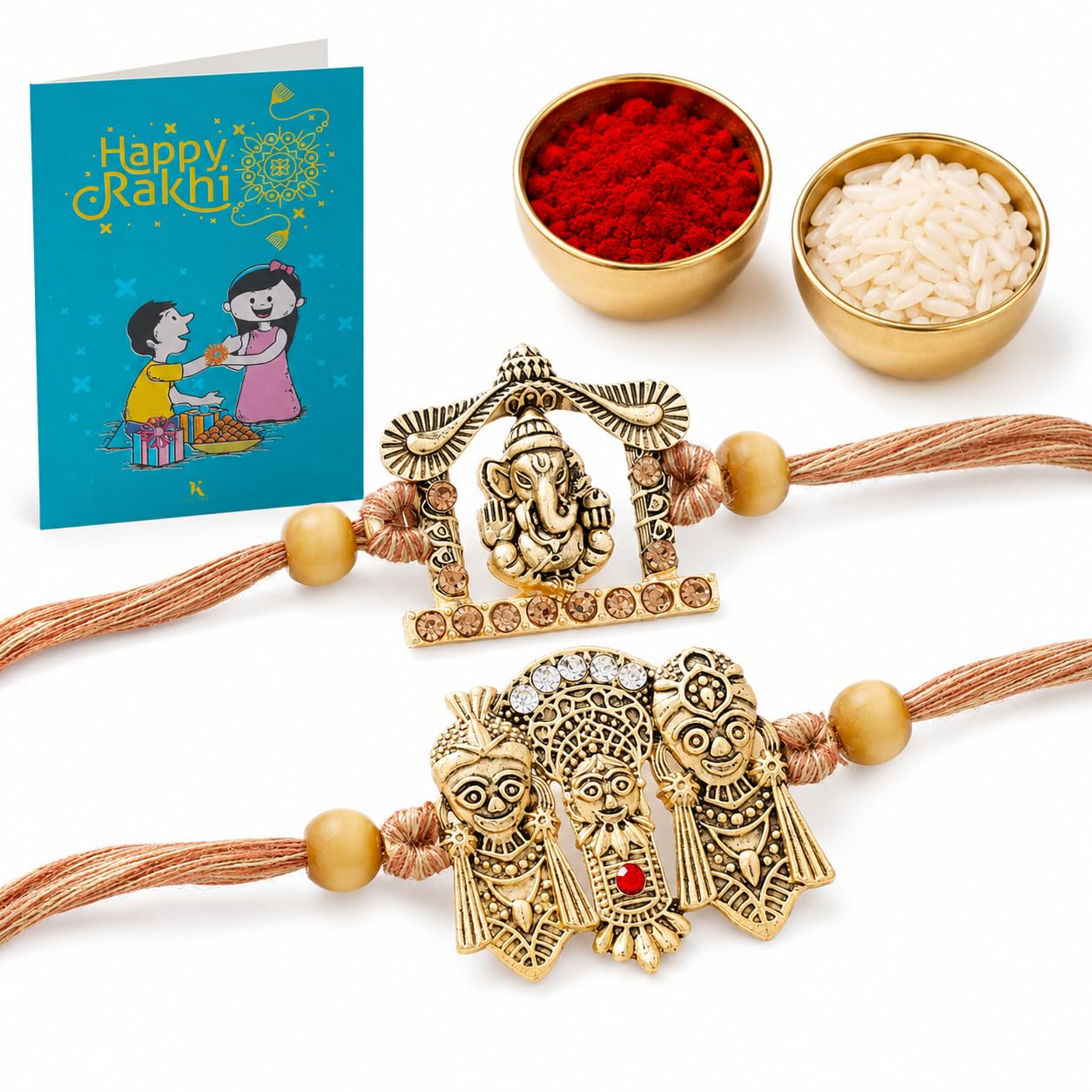 kaameri bazaar Lord Ganesha and Lord Jagannath Rakhi Set of 2 for Brother | Oxidized Metal Rakhi with CZ Stones, Roli Chawal and Greeting Card | Raksha Bandhan Rakhi Gift for Bhai-picture-29