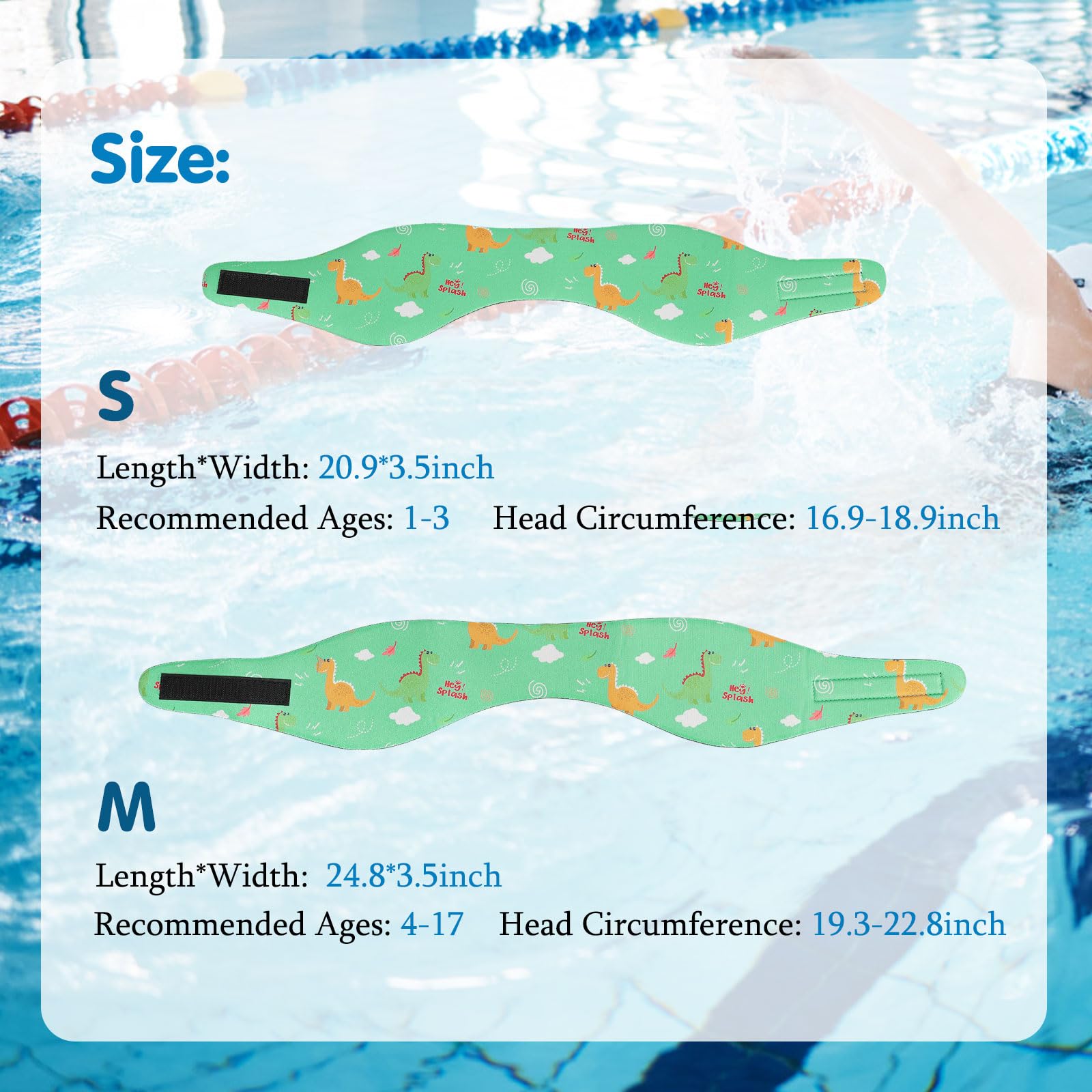 HeySplash Banda para Cabeza de Natación de Neopreno para Niños, Diadema de Oídos Ajustable y Antideslizante Buena Elasticidad para Surf Buceo Boga y Rafting, Talla M, Dinosaurio